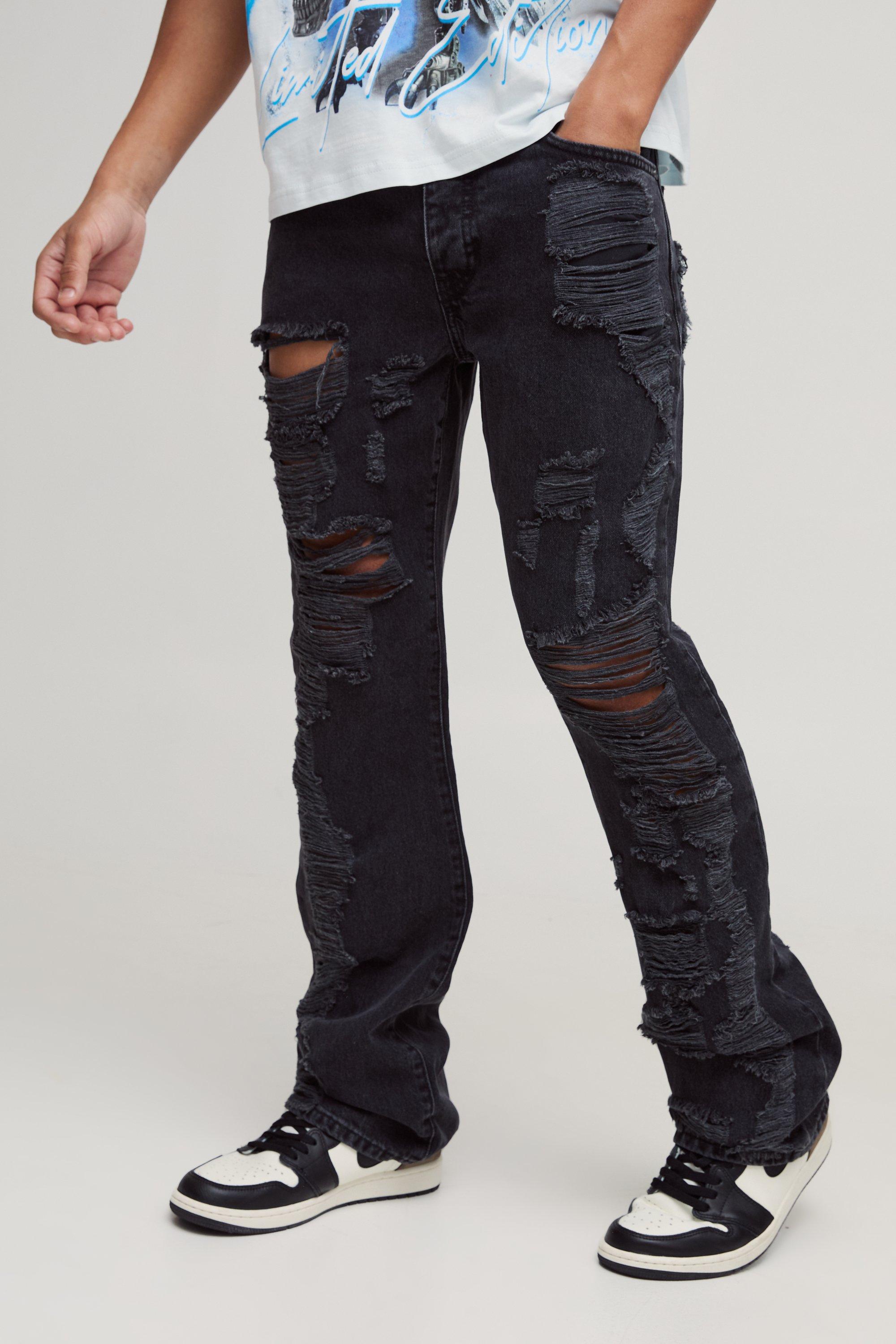 Mens Grey Slim Rigid Flare All Over Ripped Denim Jeans, Grey