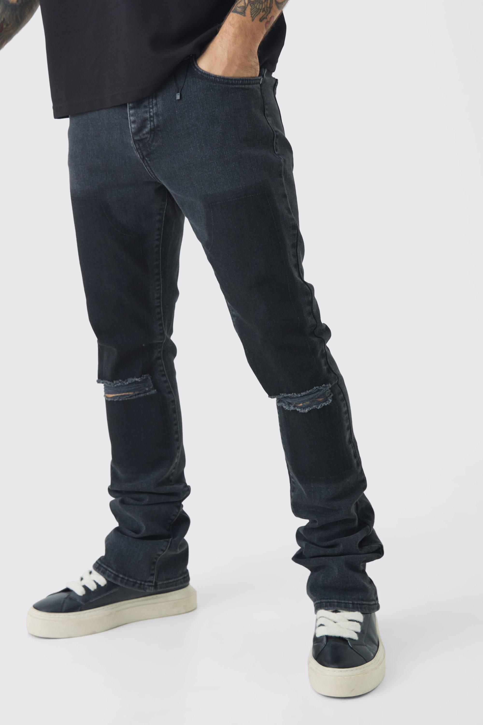 Jeans a zampa Skinny Fit in denim Stretch sovratinti con strappi e pieghe sul fondo, Grigio