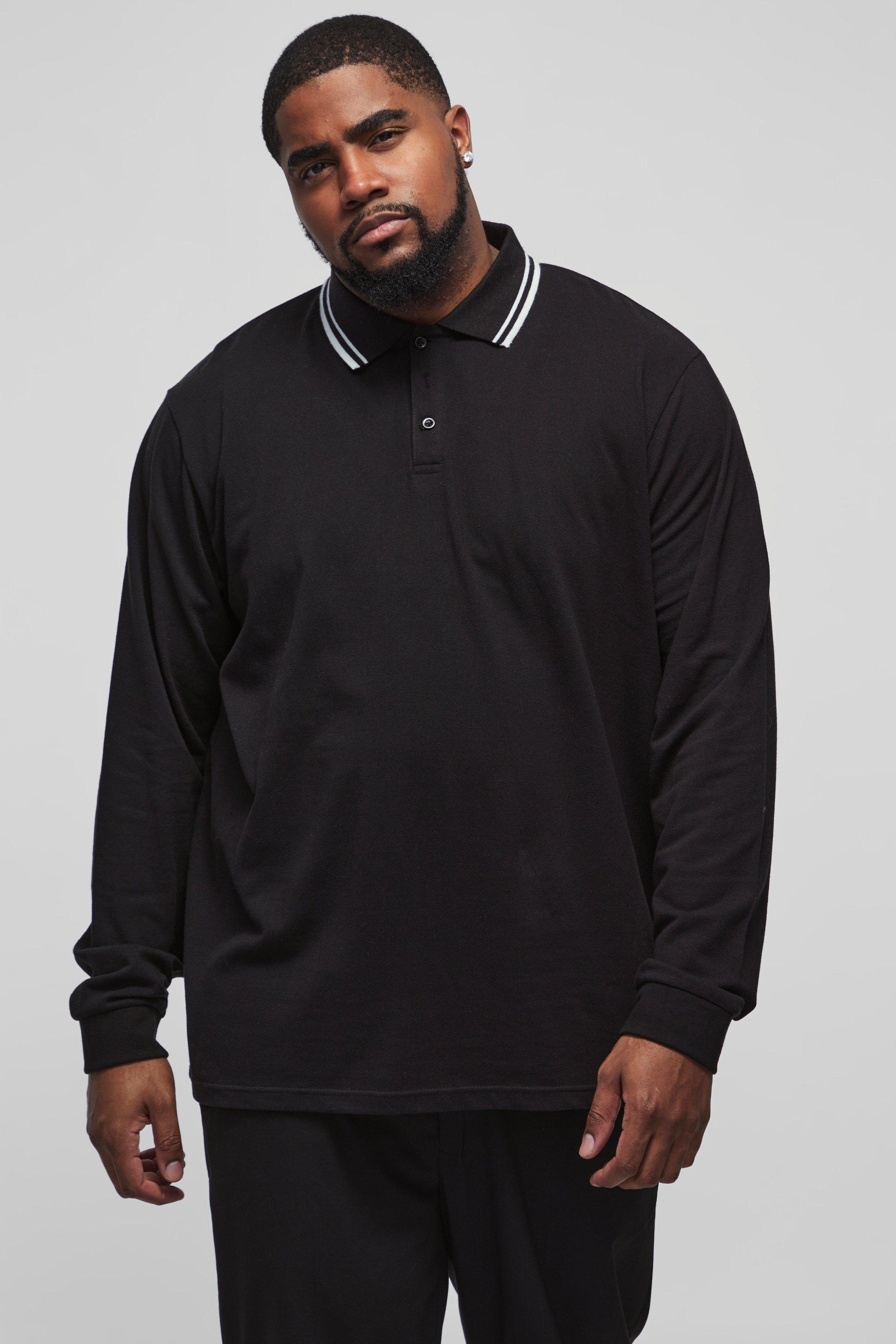 Polo Plus Size Slim Fit a maniche lunghe in piqué di colore nero con righe a contrasto, Nero