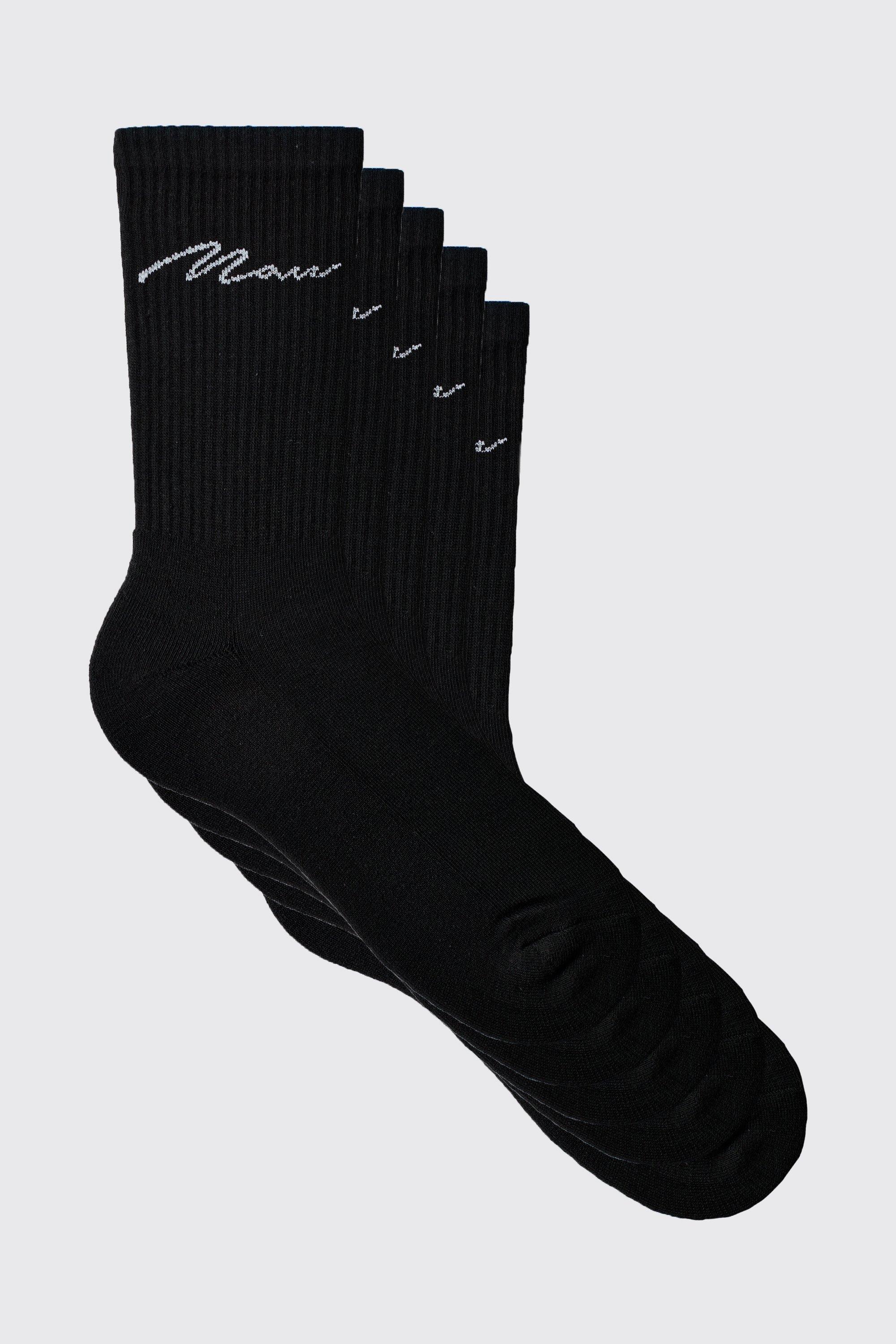 Mens Black 5 Pack MAN Script Logo Plain Sport Socks, Black