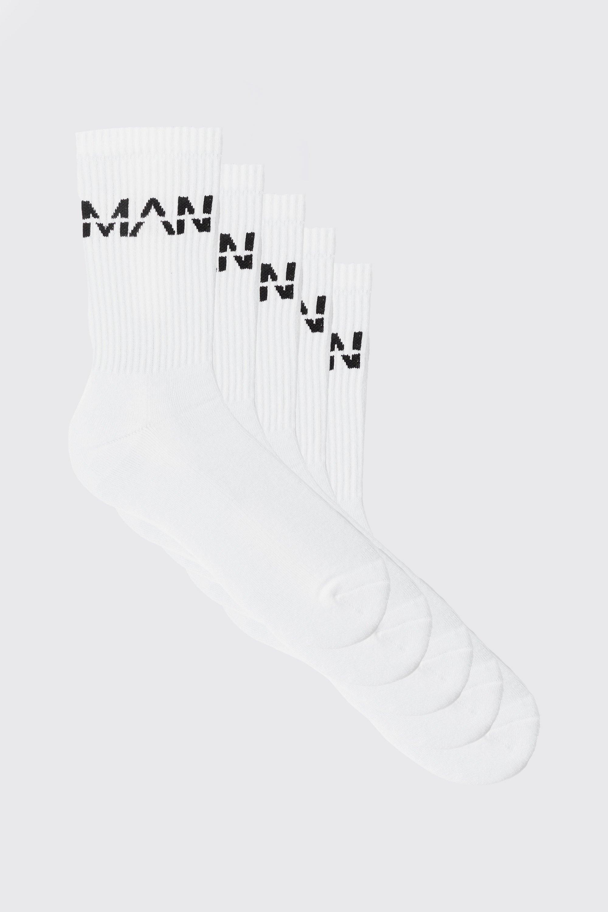 Calzini sportivi in tinta unita con logo Man Dash - set di 5 paia, Bianco