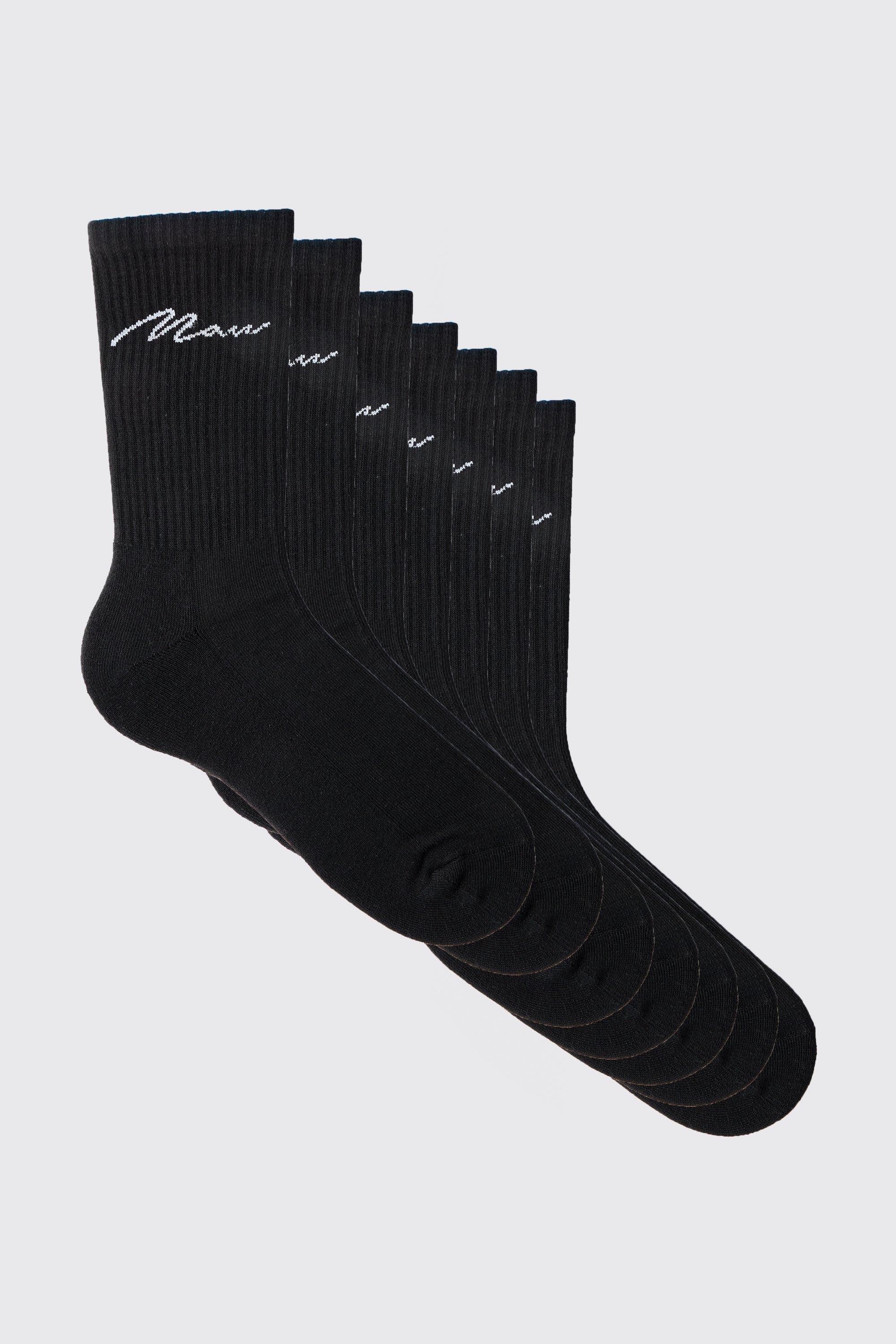 Mens Black 7 Pack Man Script Logo Plain Sport Socks, Black