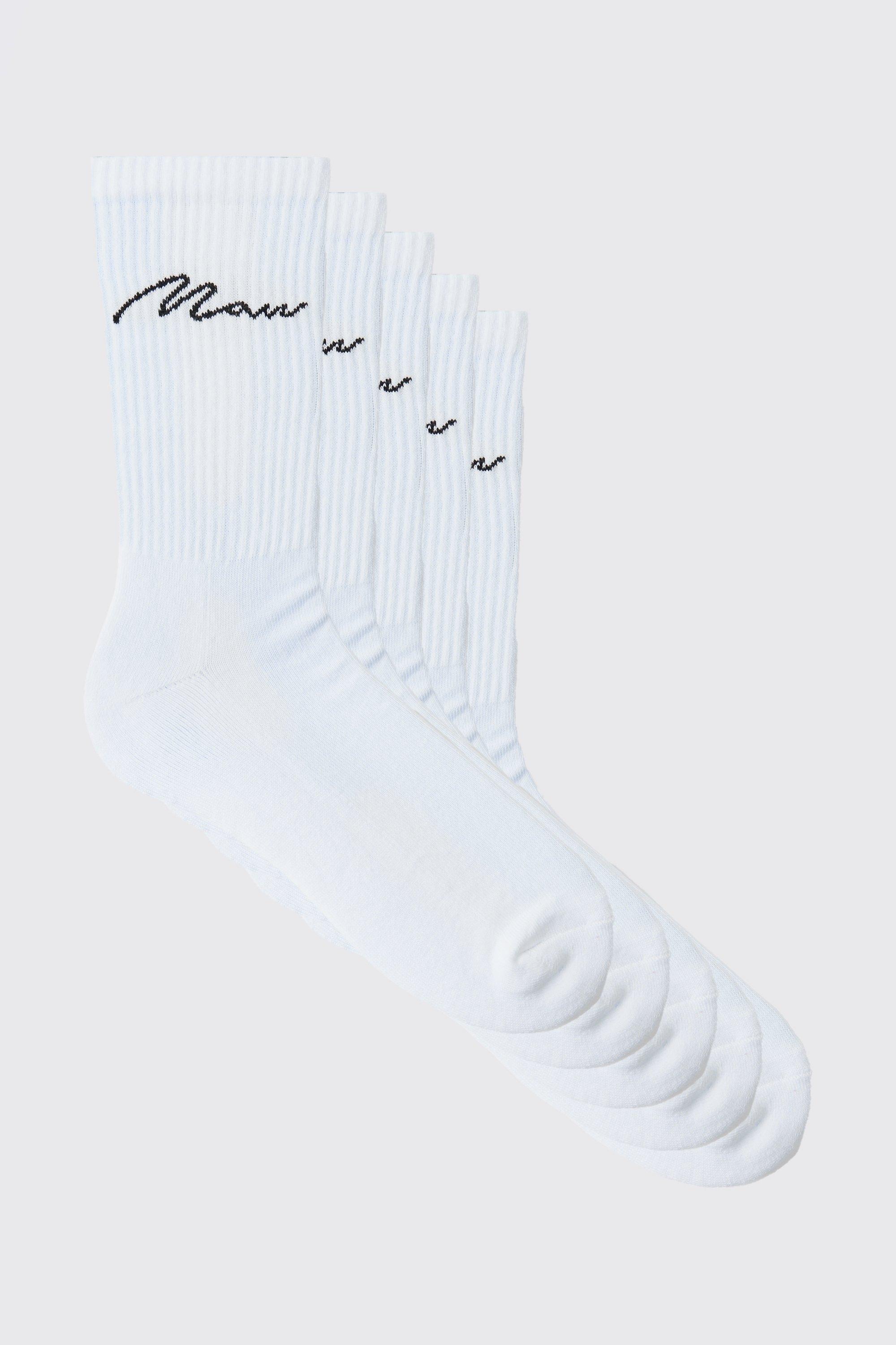Mens White 5 Pack MAN Script Logo Plain Sport Socks, White
