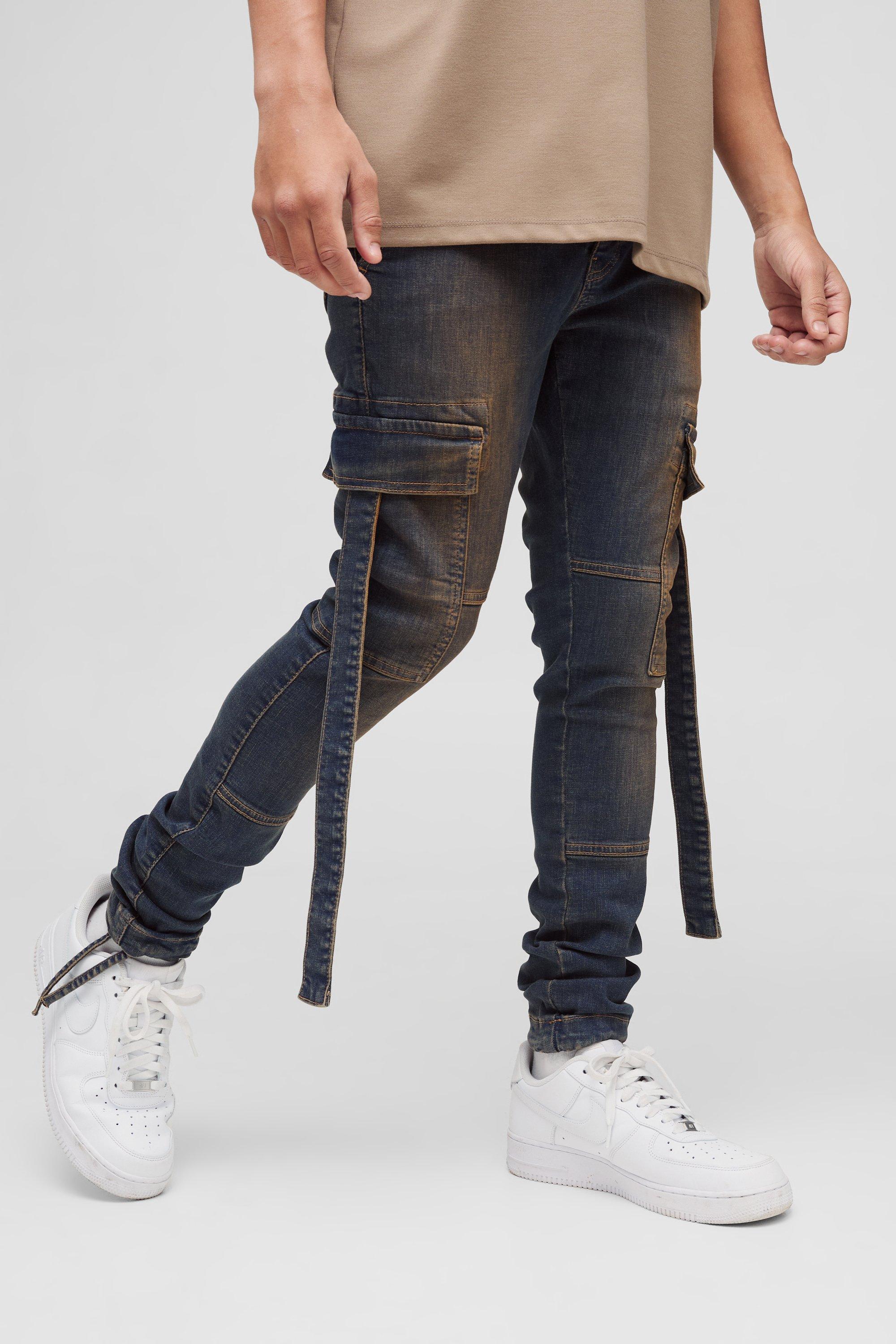 Jeans slavati Super Skinny Fit in Stretch con fascette stile Cargo, Azzurro