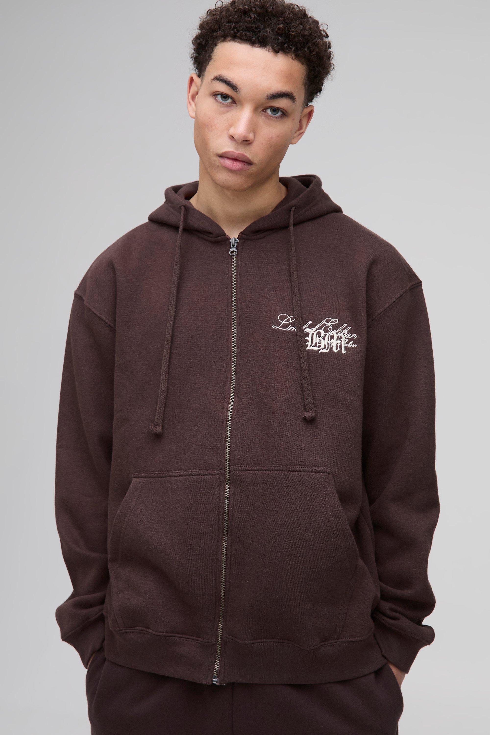 Oversized BM 3D Embroidered Zip Through Hoodie, Brown