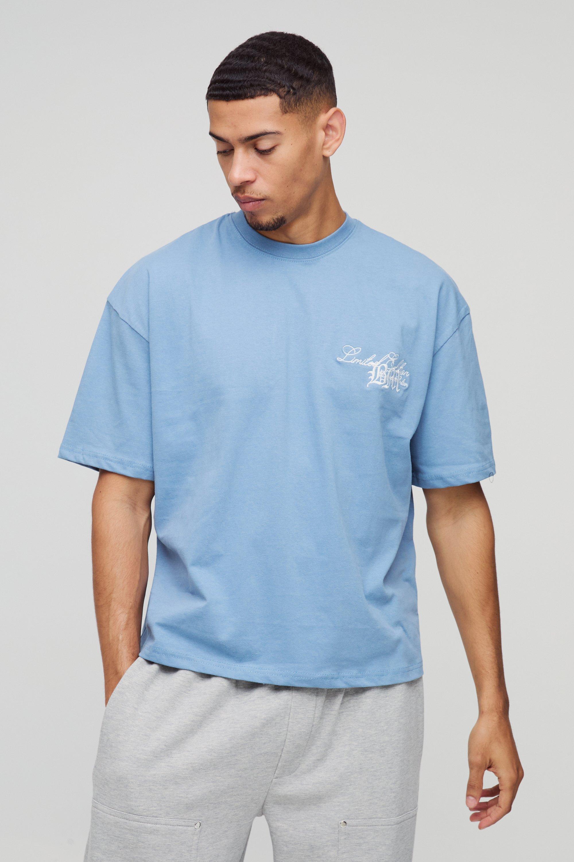 Mens Blue Boxy Heavyweight 3D Embroidery BM T-Shirt, Blue