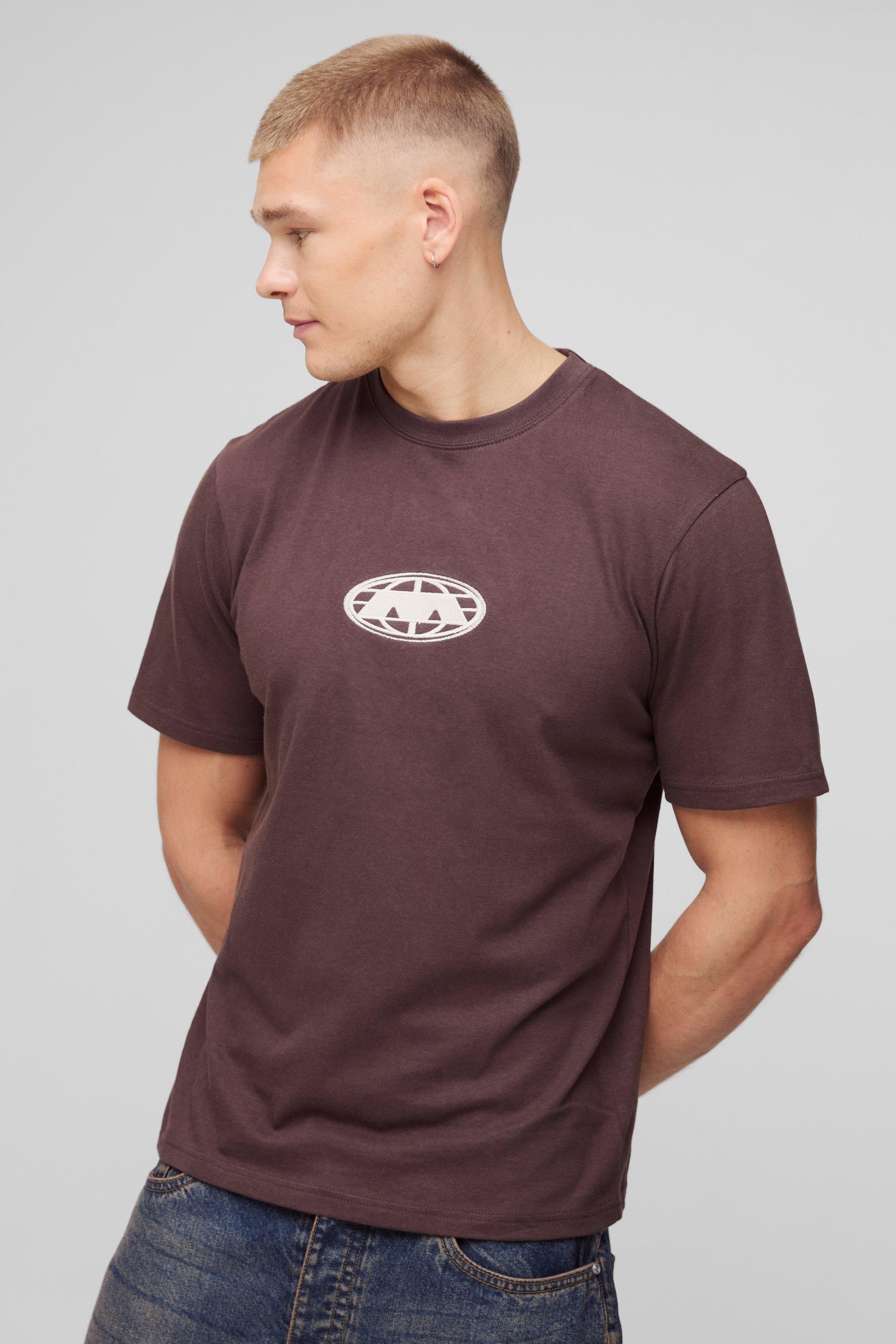 Mens Brown Regular Fit Globe Embroidered T-Shirt, Brown