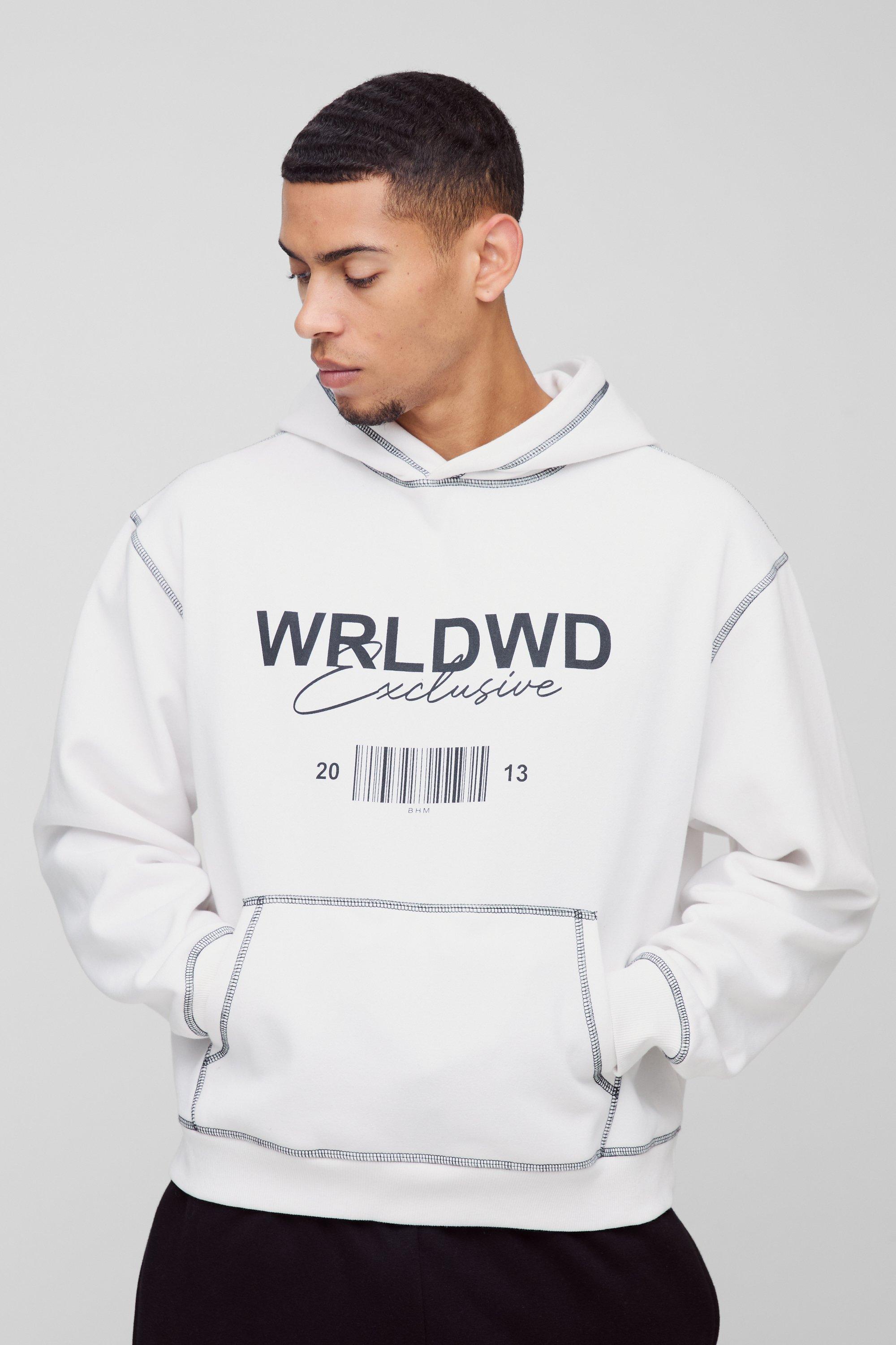 Mens White Oversized Boxy Contrast Stitch WRLDWD Graphic Hoodie, White