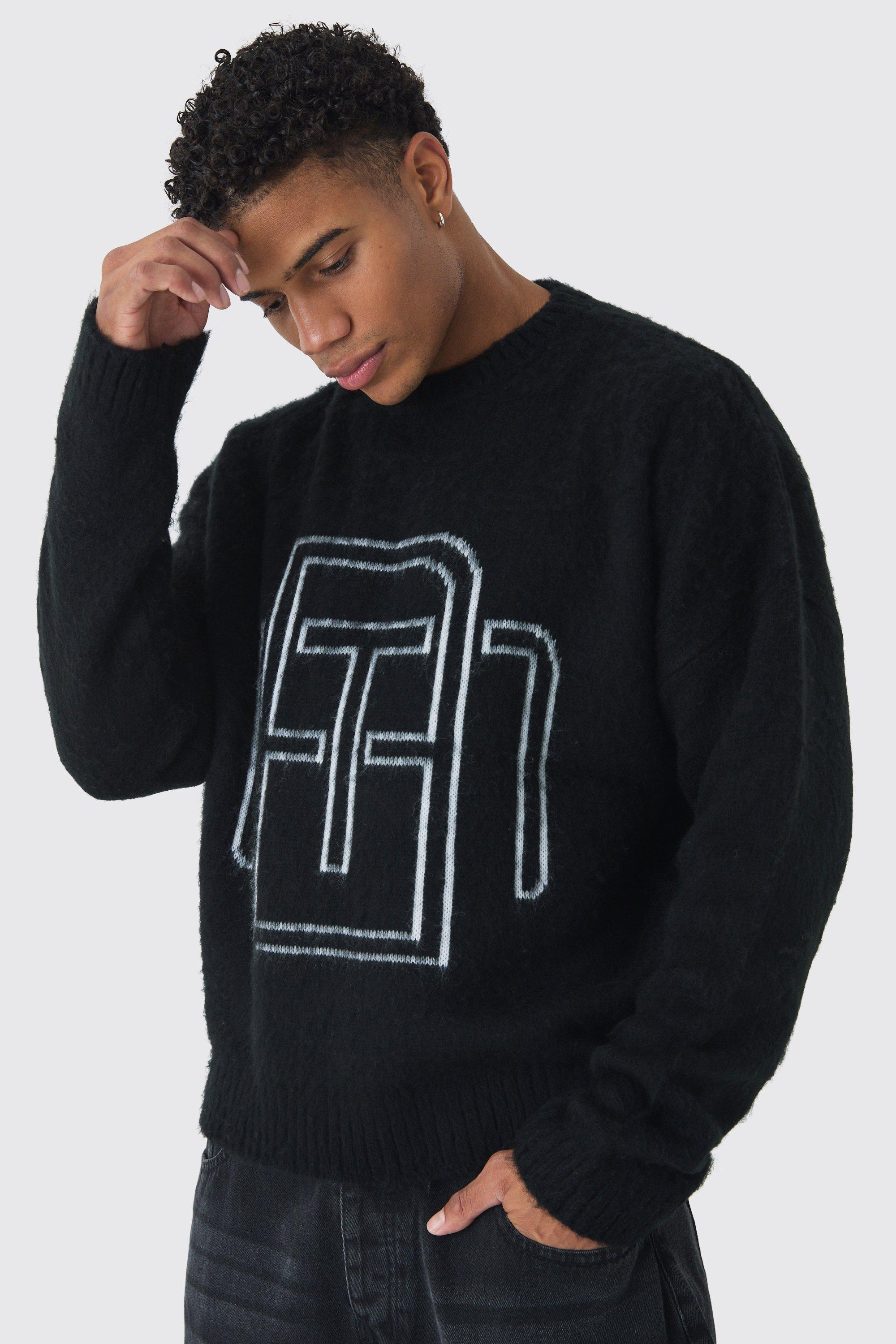 Mens Black Oversized Fluffy Knit BM Jumper, Black
