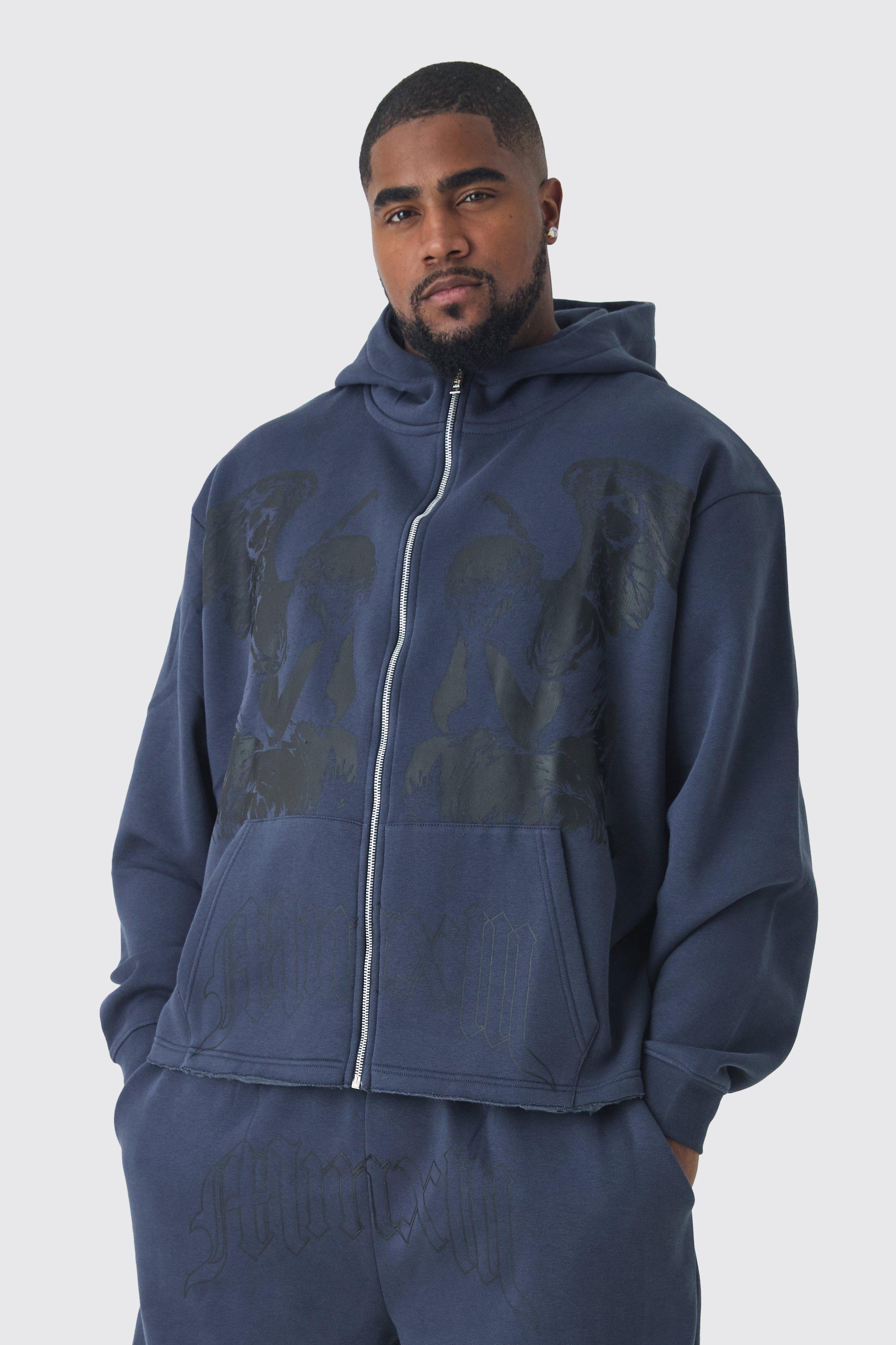 Mens Blue Plus Oversized Boxy Zip Thru Cherub Print Hoodie, Blue