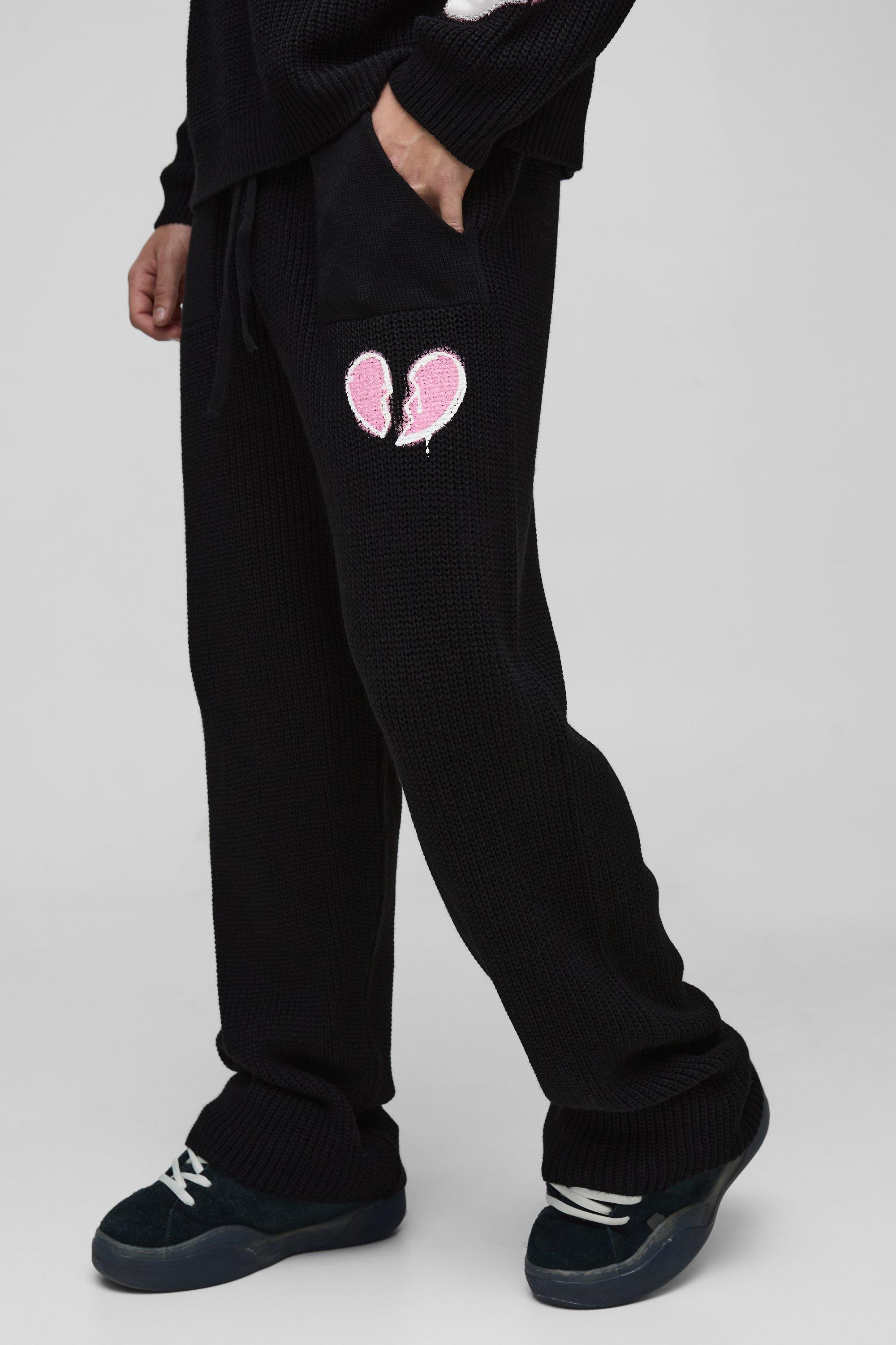 Pantaloni tuta Regular Fit in maglia con stampa di cuore spezzato, Nero
