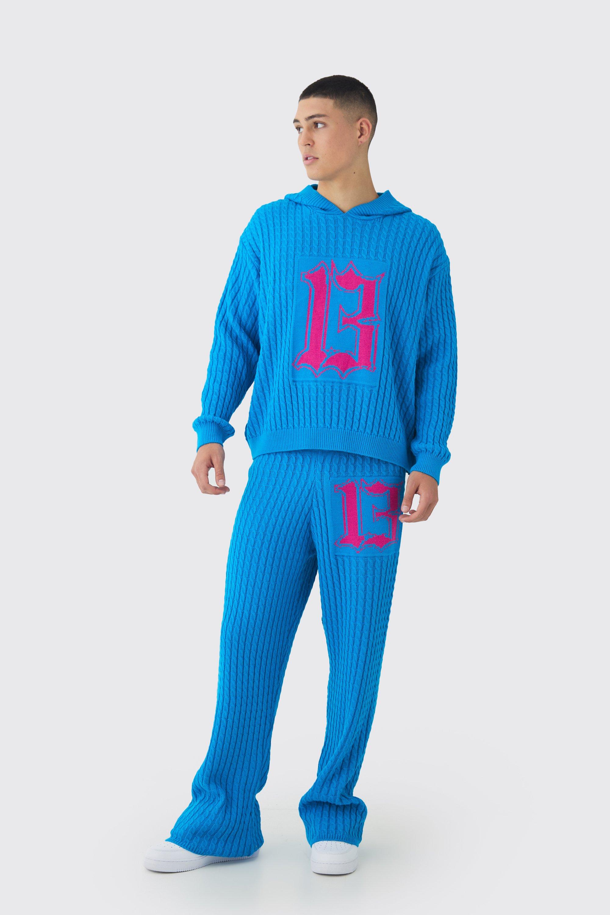 Mens Blue Boxy Hoodie 13 Graphic Stacked Flare Knitted Tracksuit, Blue