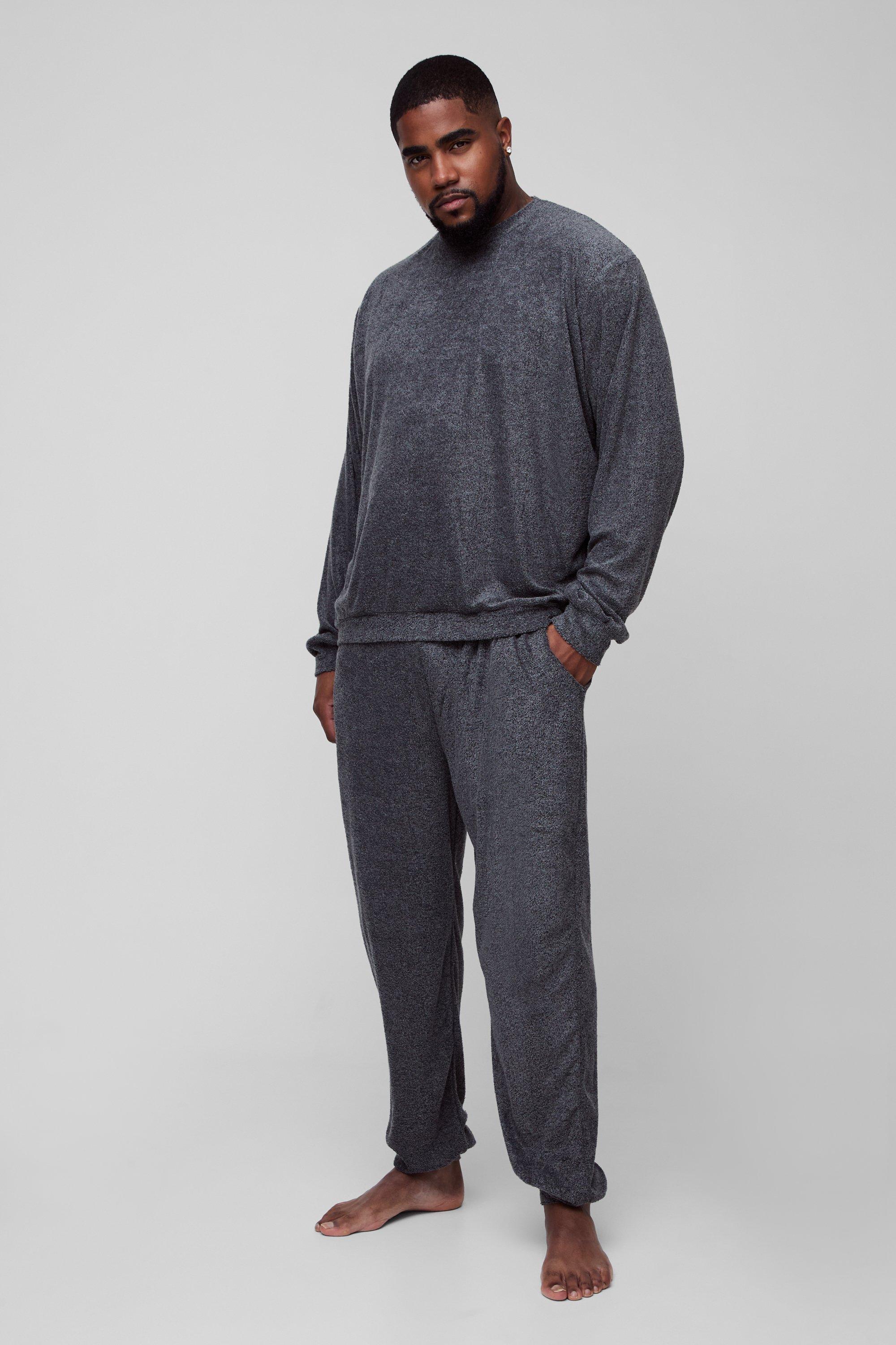 Mens Grey Plus Soft Towelling jumper & Jogger Lounge Set in Charcoal, Grey