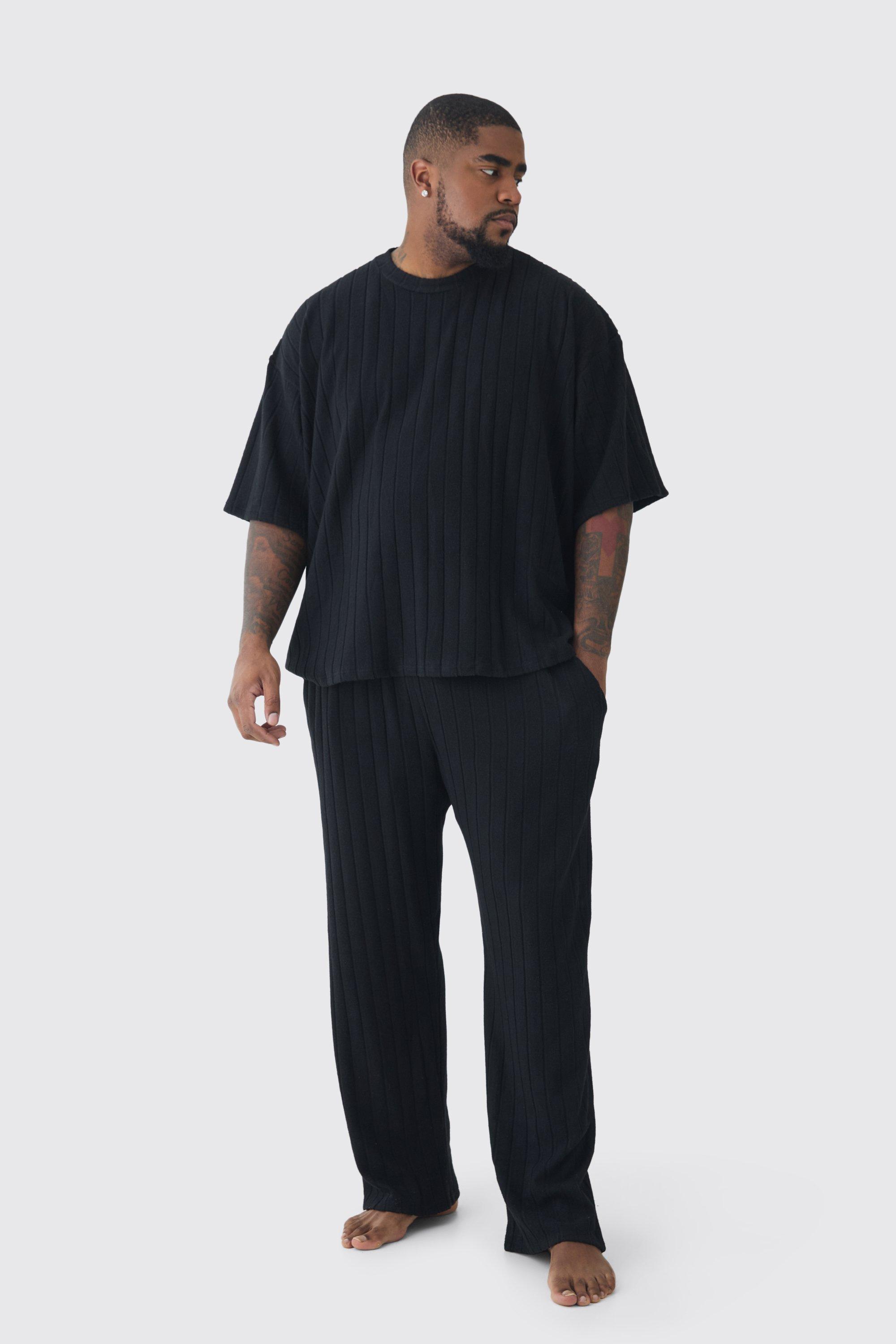 Mens Plus Supersoft Rib Oversized T-Shirt & Jogger Lounge Set in Black, Black