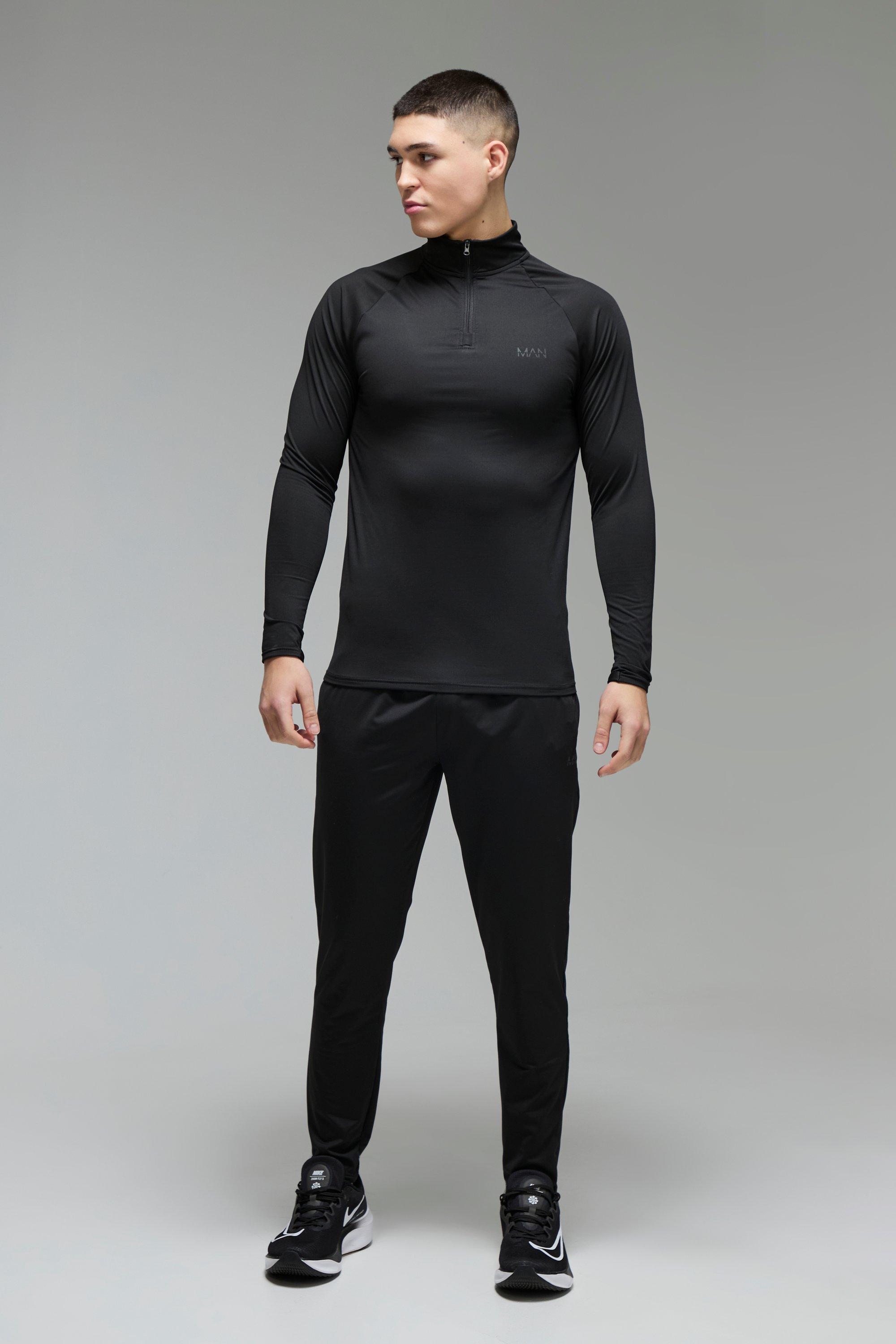 Mens Black Man Active Fleece Back Performance 1/4 Zip & Tapered Jogger, Black