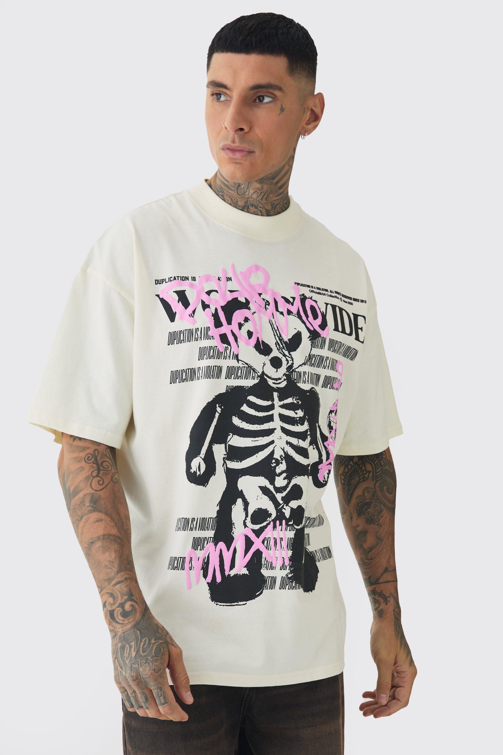 Mens Cream Tall Oversized Teddy Skeleton Graphic Puff Print T-Shirt, Cream