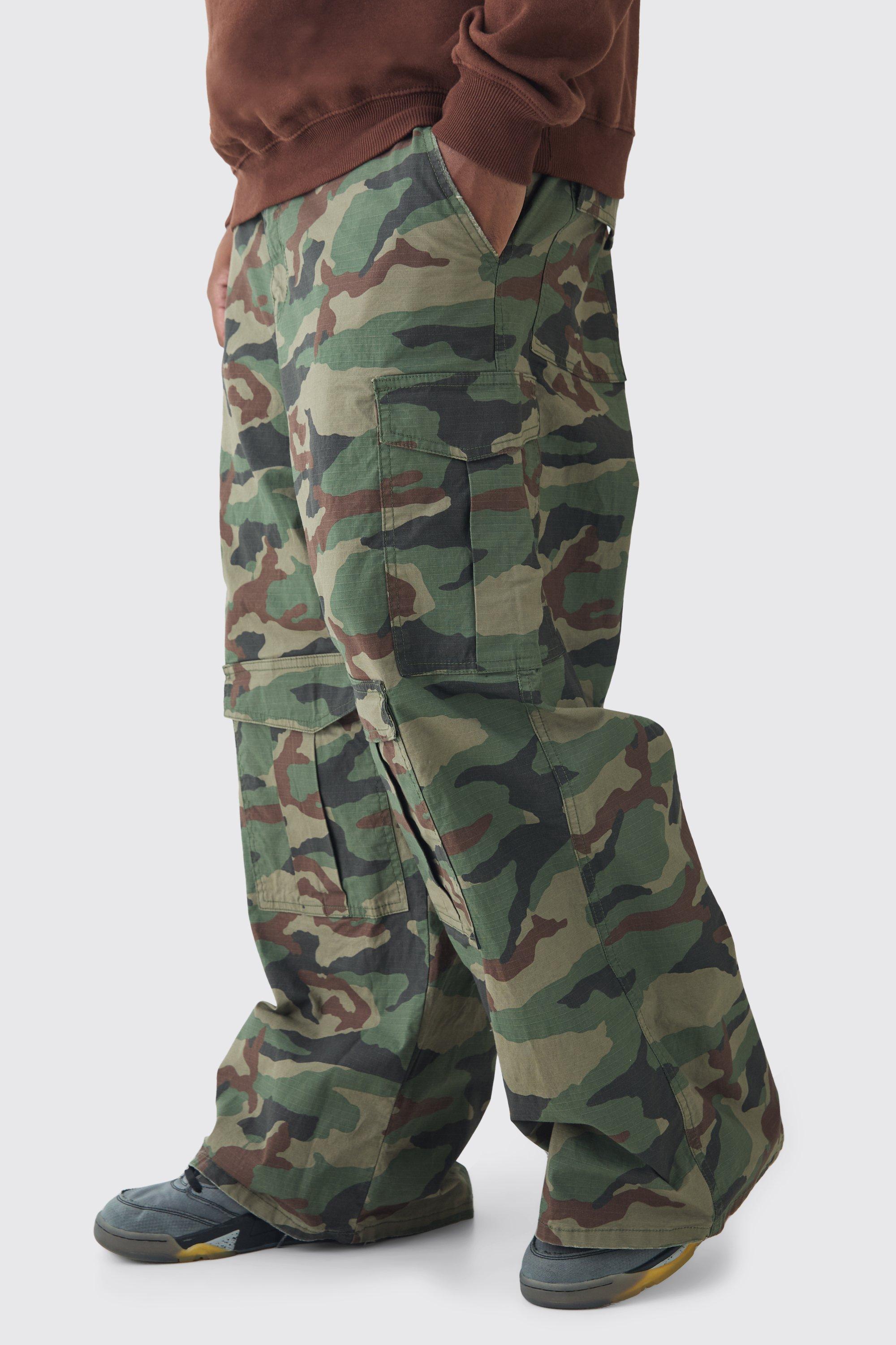 Boohoo Plus Baggy Versleten Canvas Camo Cargo Broek, Khaki
