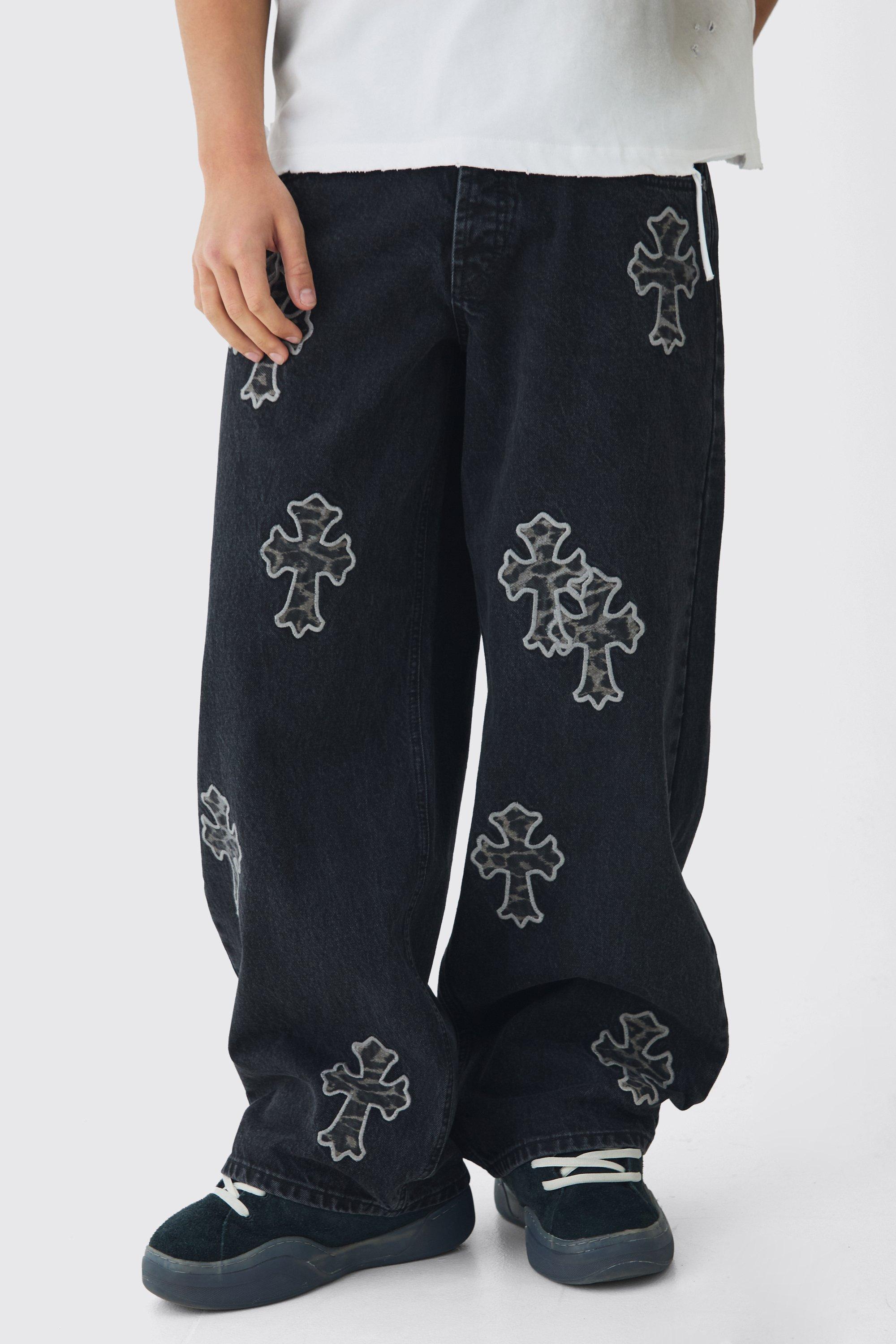 Boohoo Onbewerkte Baggy Gekruiste Luipaardprint Jeans, Black