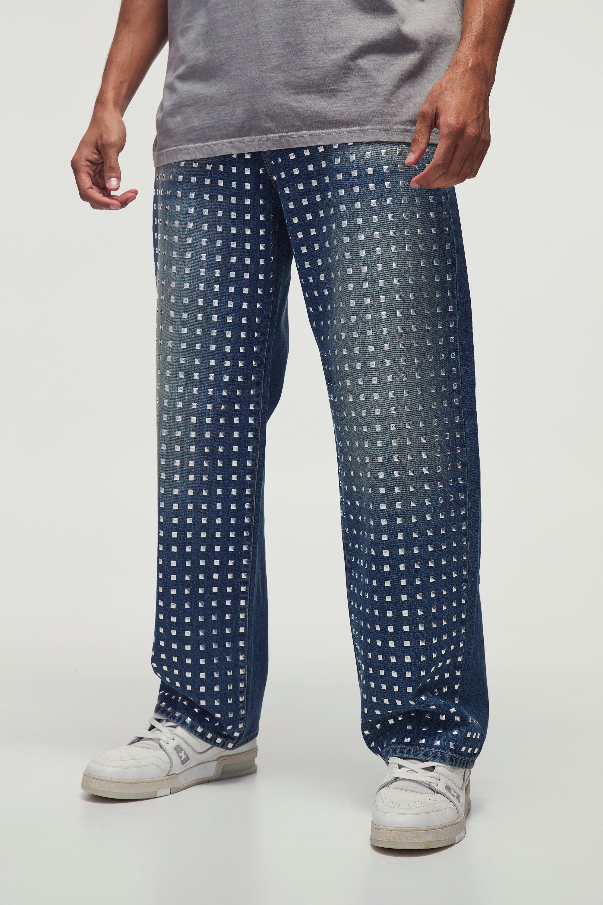 Boohoo Onbewerkte Baggy Jeans Met Studs, Mid Blue