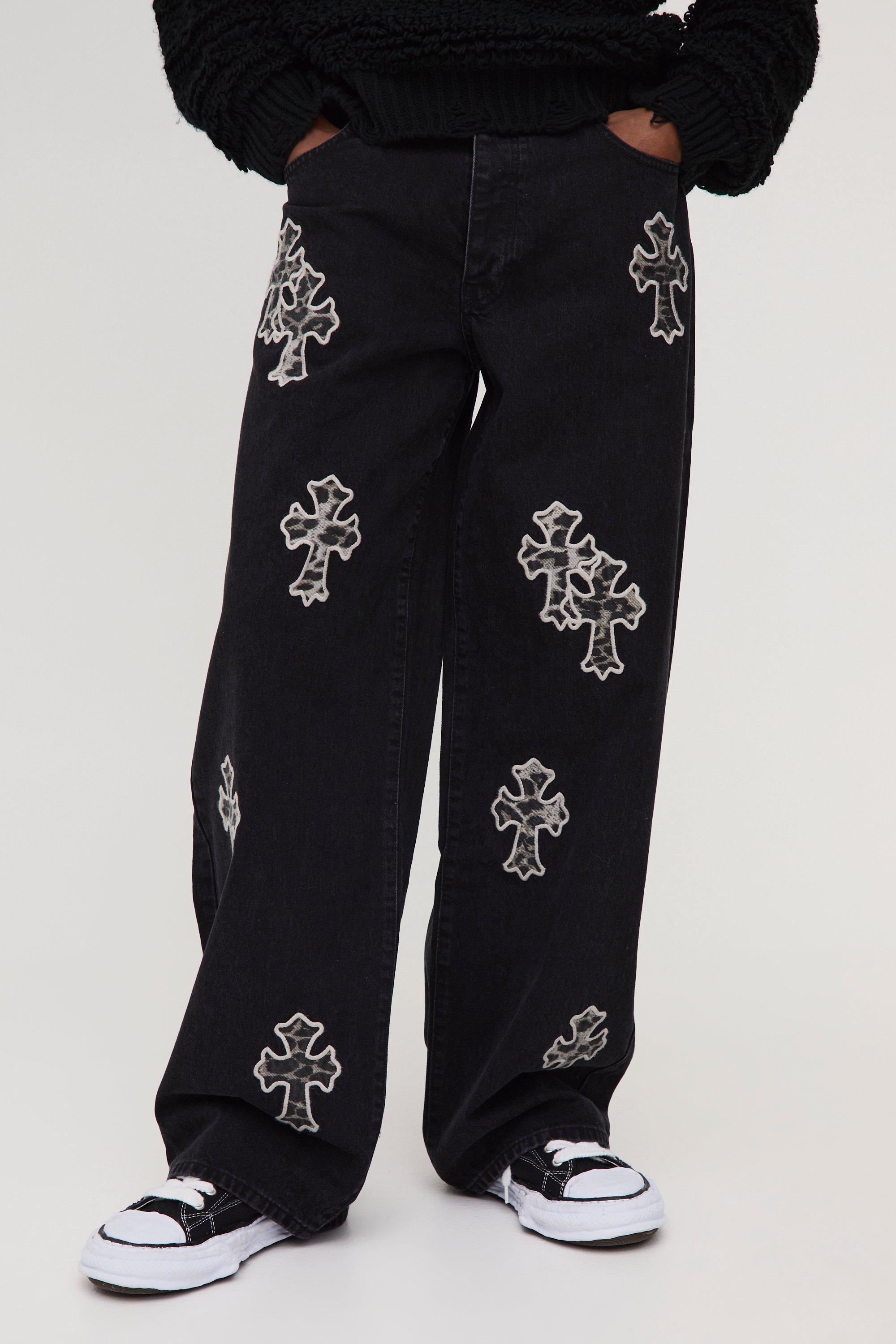 Mens Black Tall Baggy Leopard Cross Applique Jeans, Black