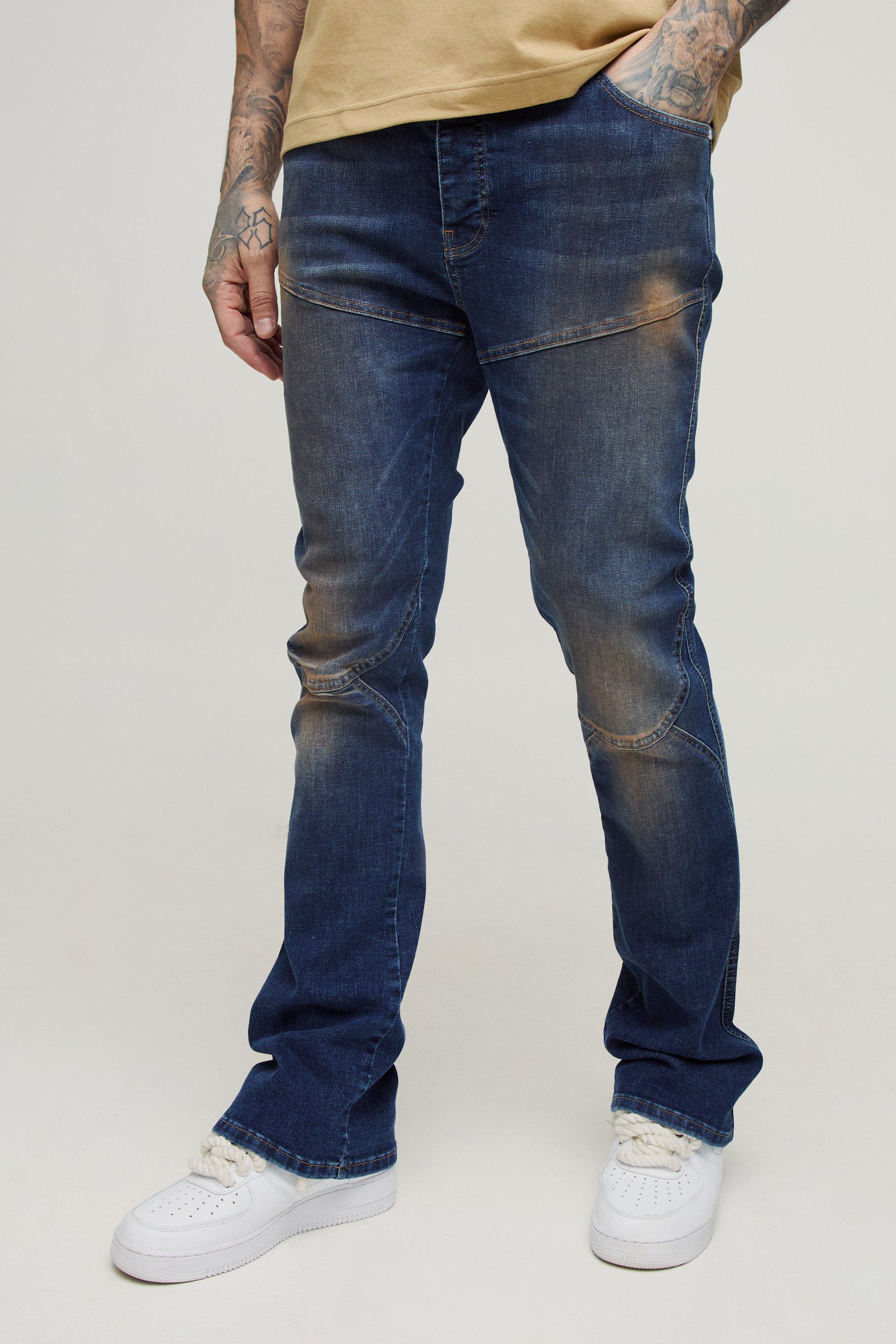 Mens Blue Tall Stretch Skinny Seam Detail Flared Jeans, Blue