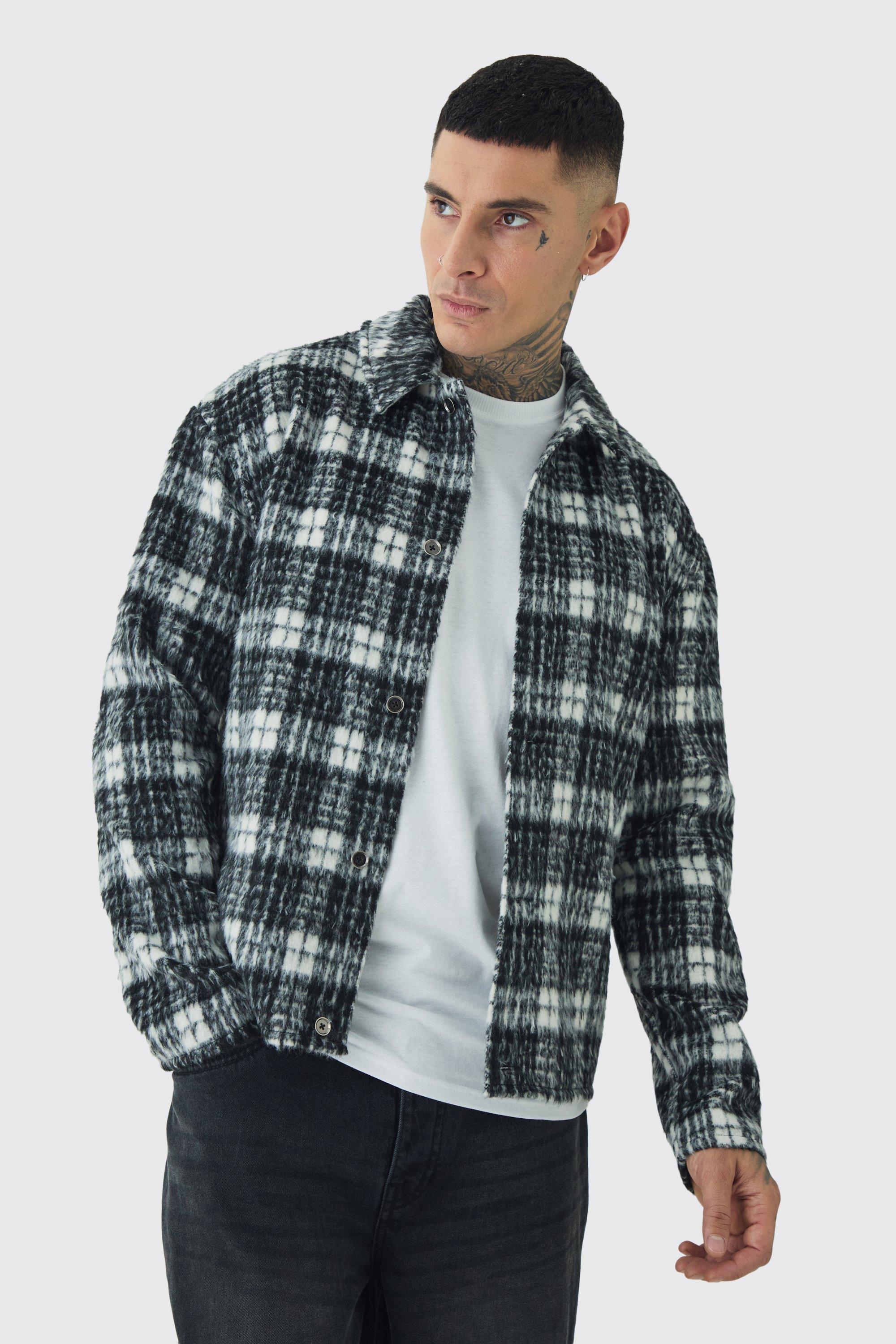 Mens Black Tall Brushed Check Overshirt, Black