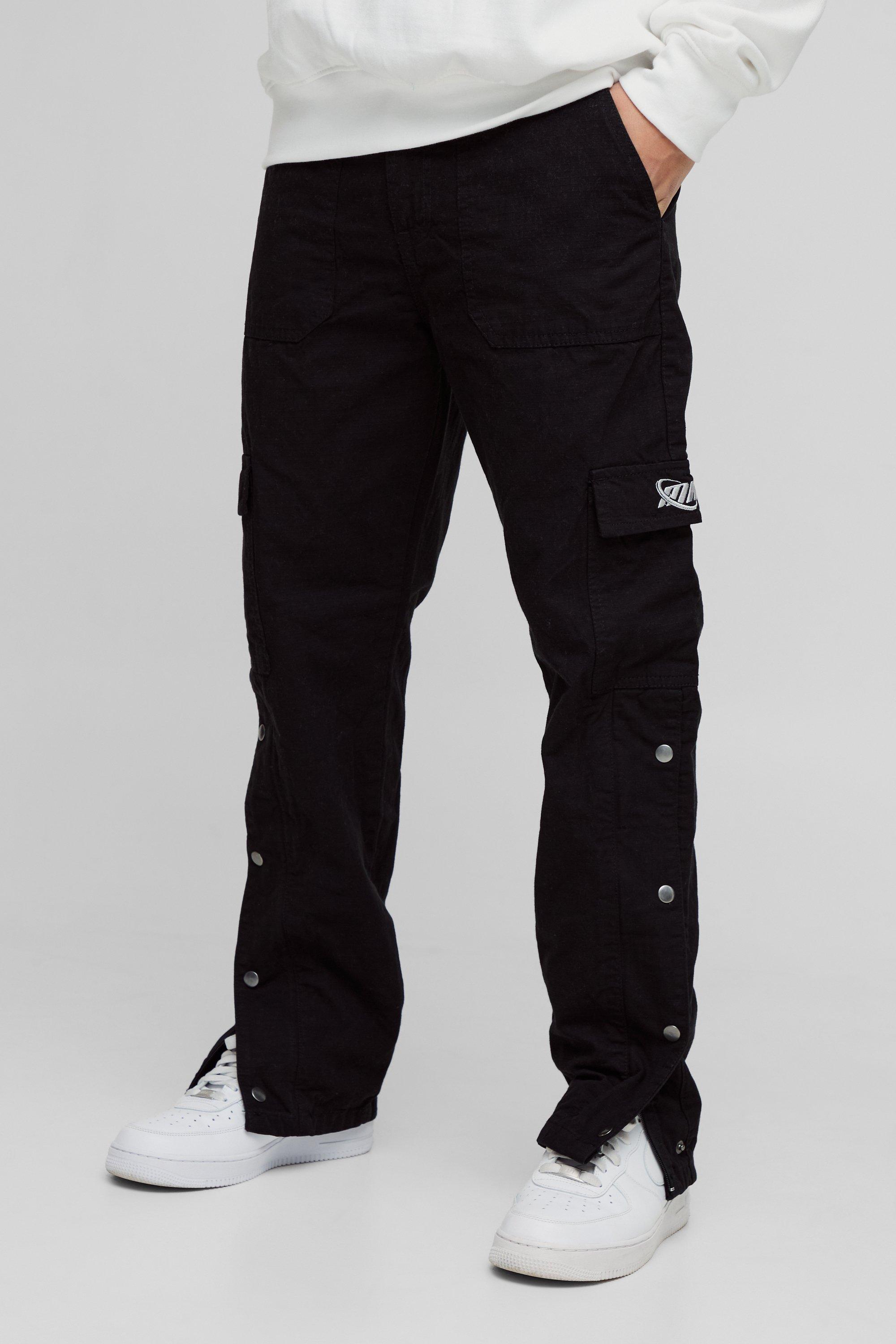 Mens Black Straight Ripstop Popper Hem Branded Cargo Trousers, Black