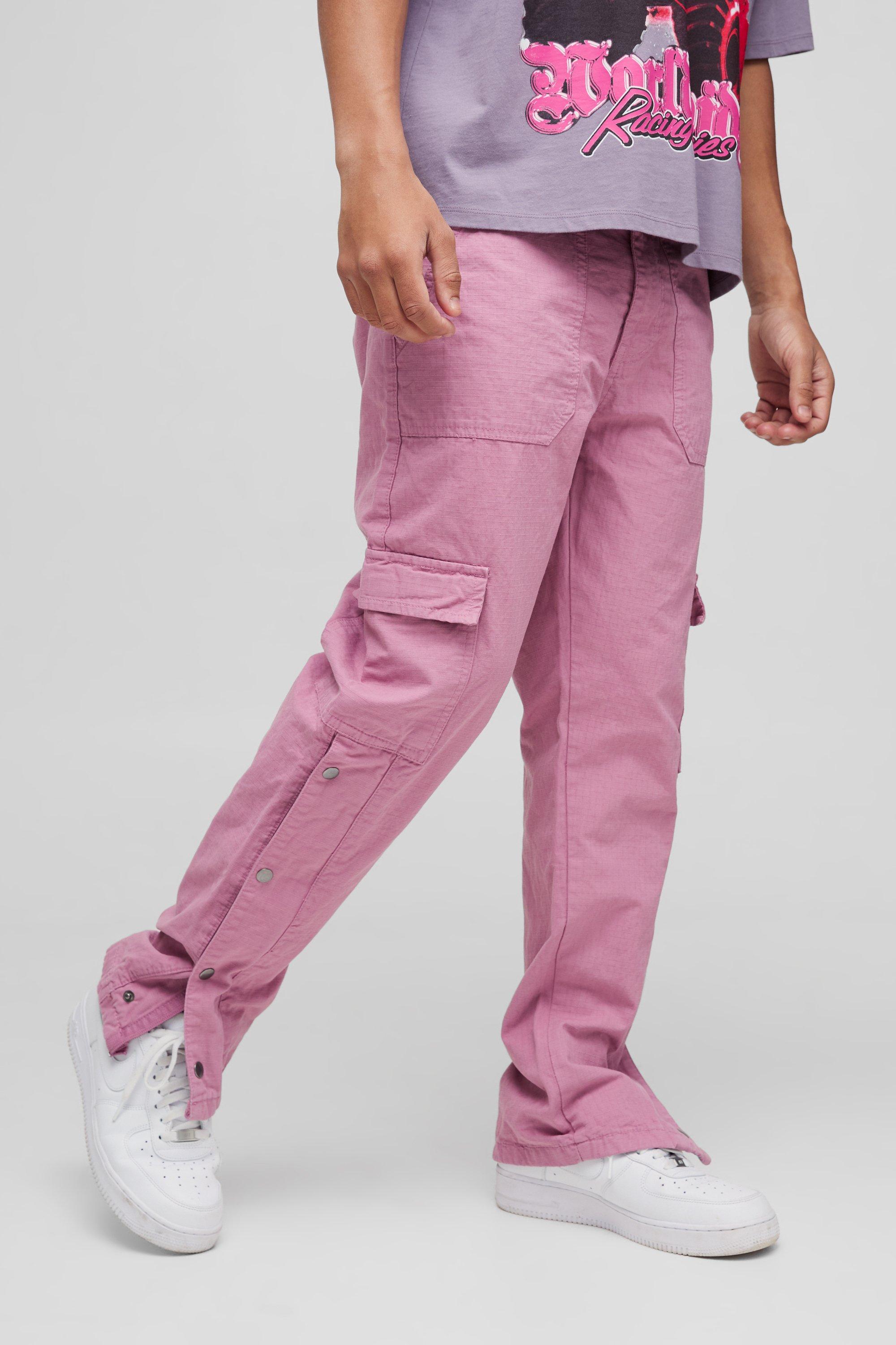 Mens Purple Straight Ripstop Popper Hem Branded Cargo Trousers, Purple