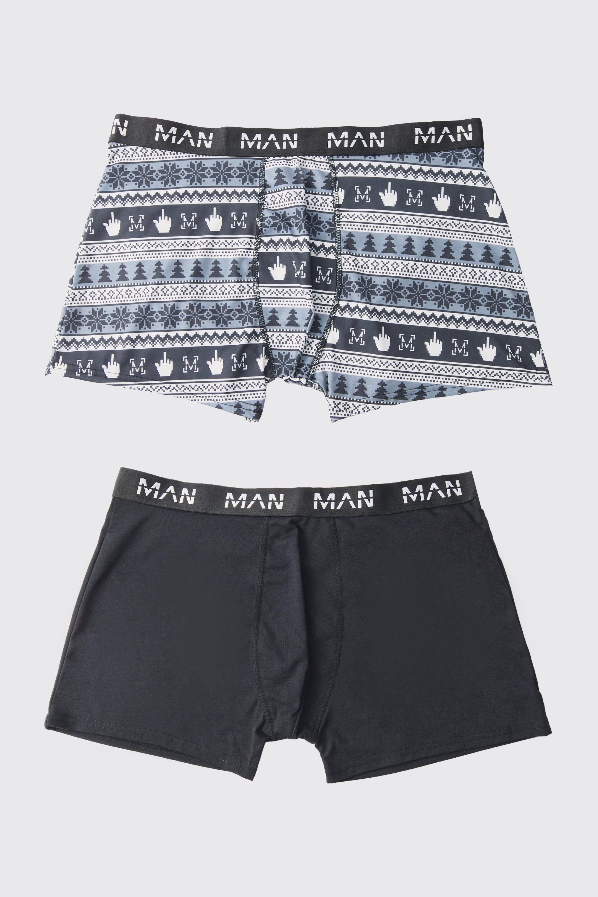 Mens Black Plus 2 Pack Monochrome Christmas Boxers, Black