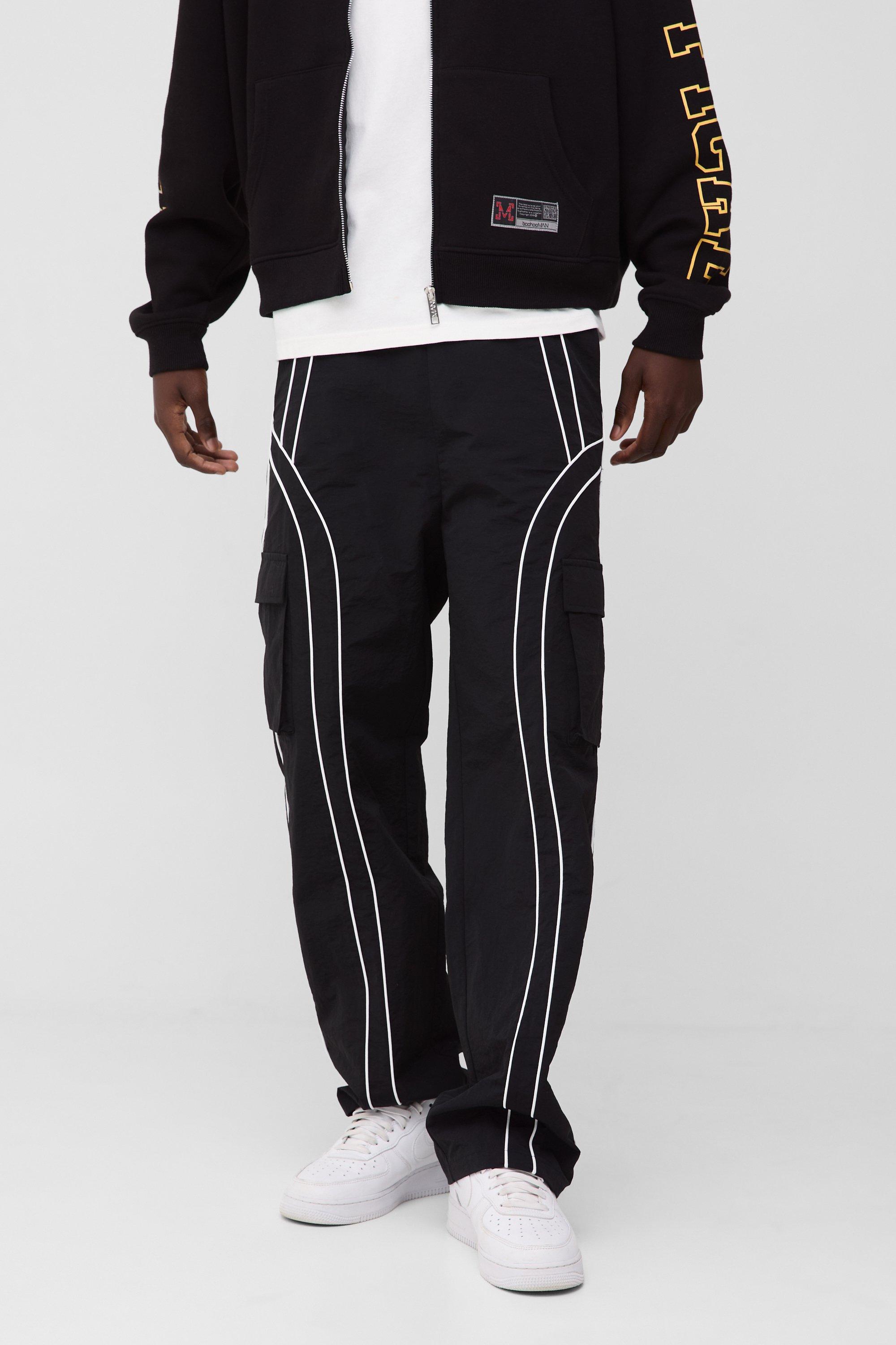 Mens Black Elasticated Waist Relaxed Nylon Pipped Cargo Trousers, Black