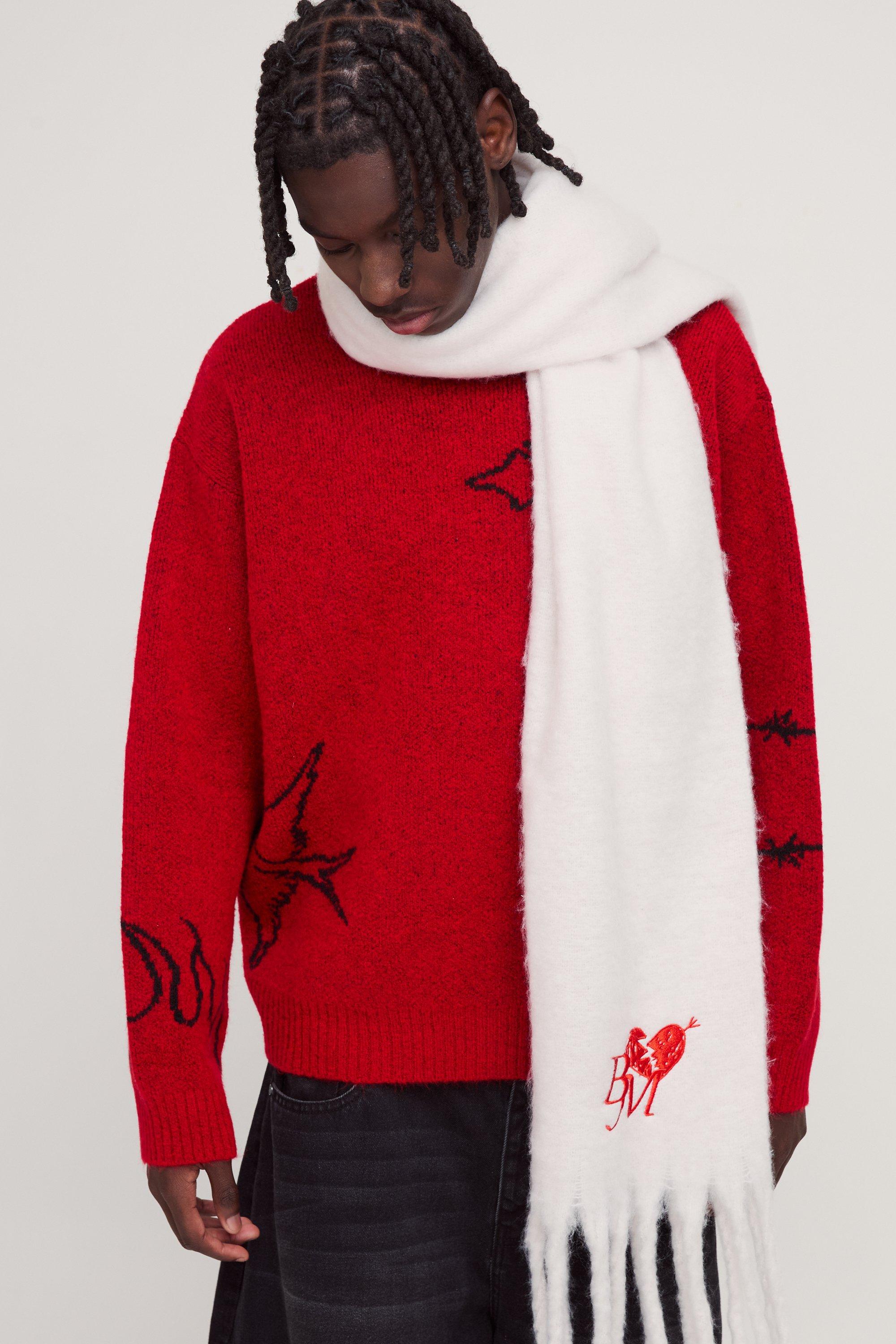Mens White Cream Heart Graphic Fringe Scarf, White