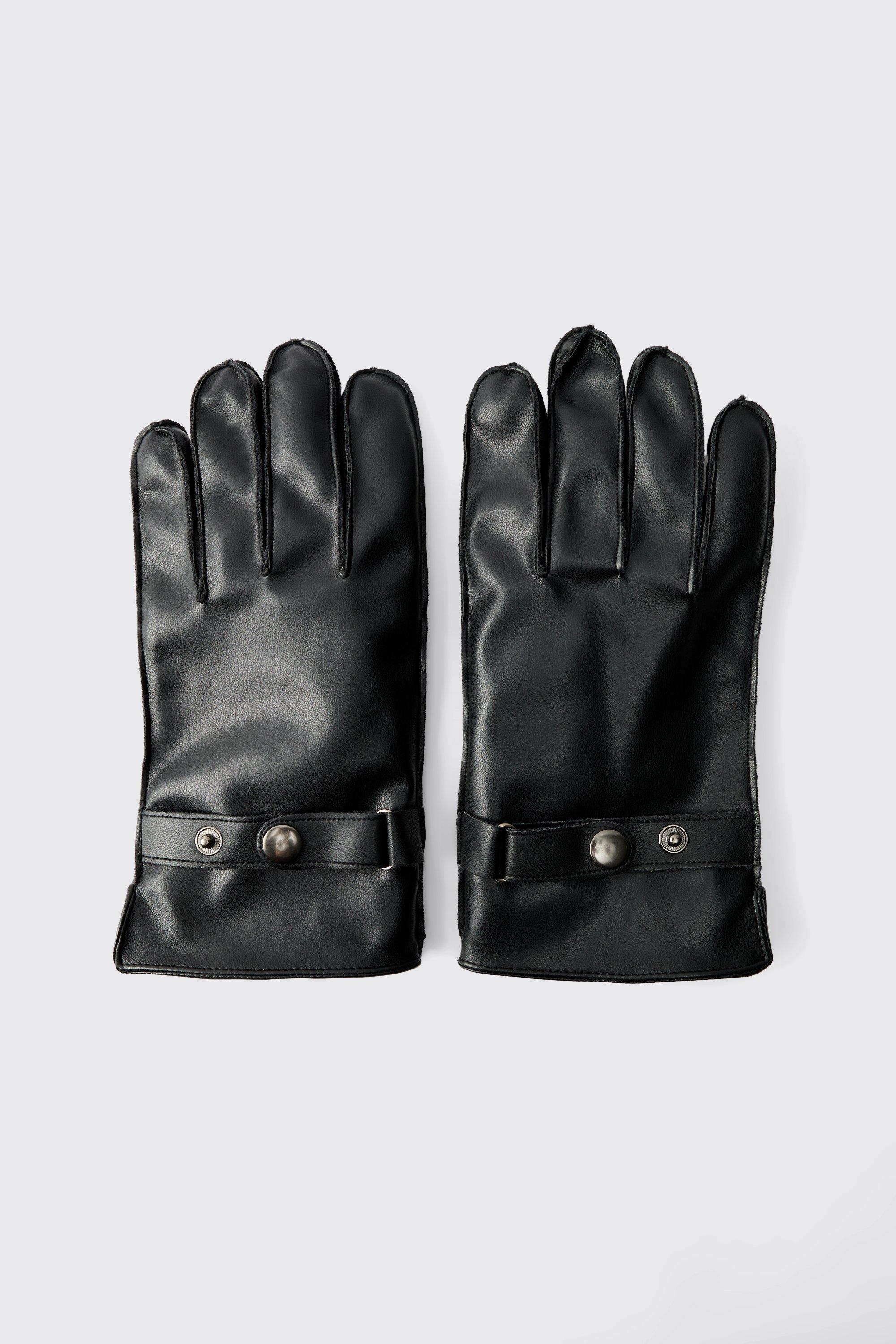 Mens Black Sherpa Lined Faux Leather Gloves, Black