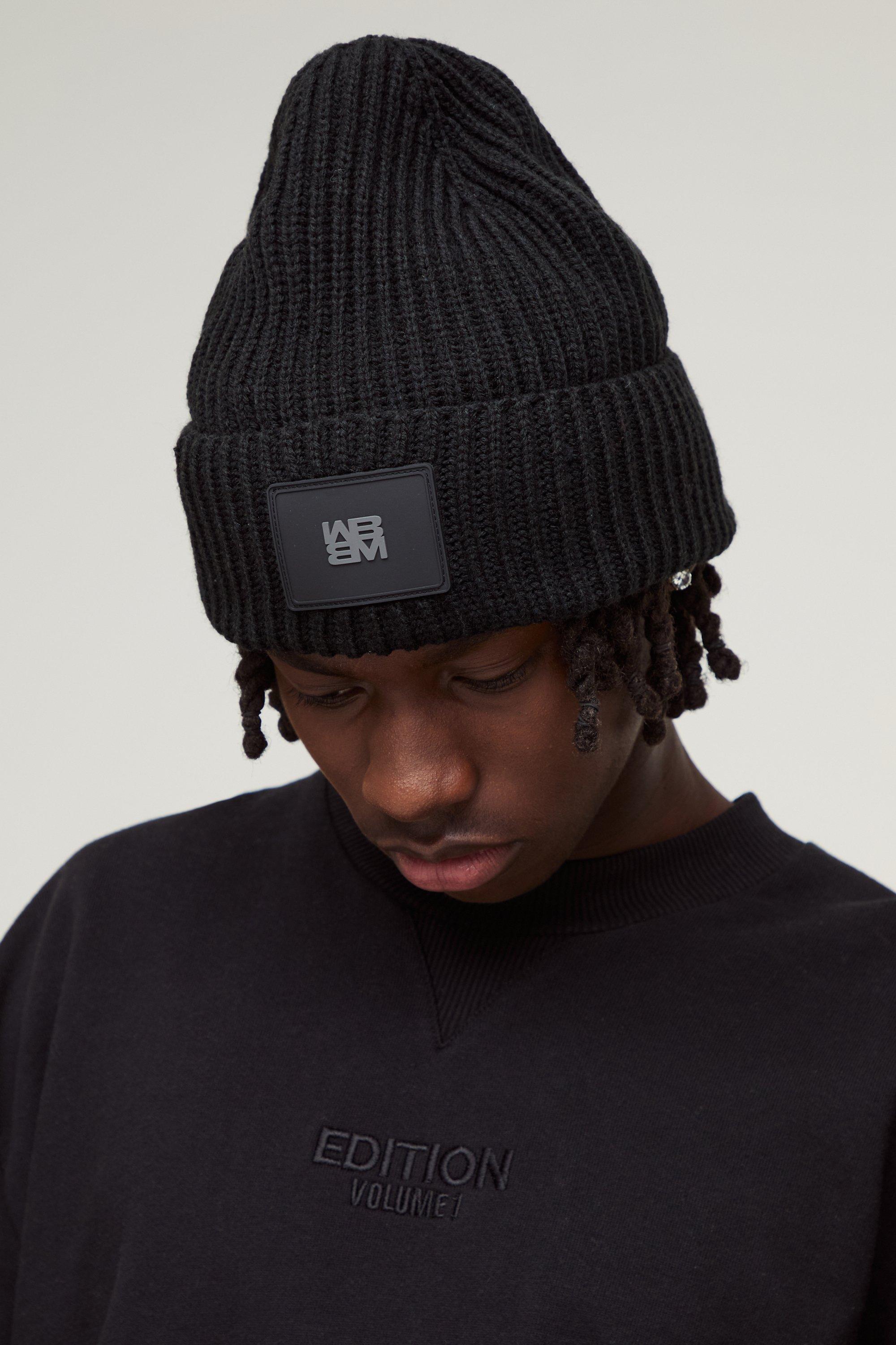 Mens Black Knitted PU Plaque Beanie, Black