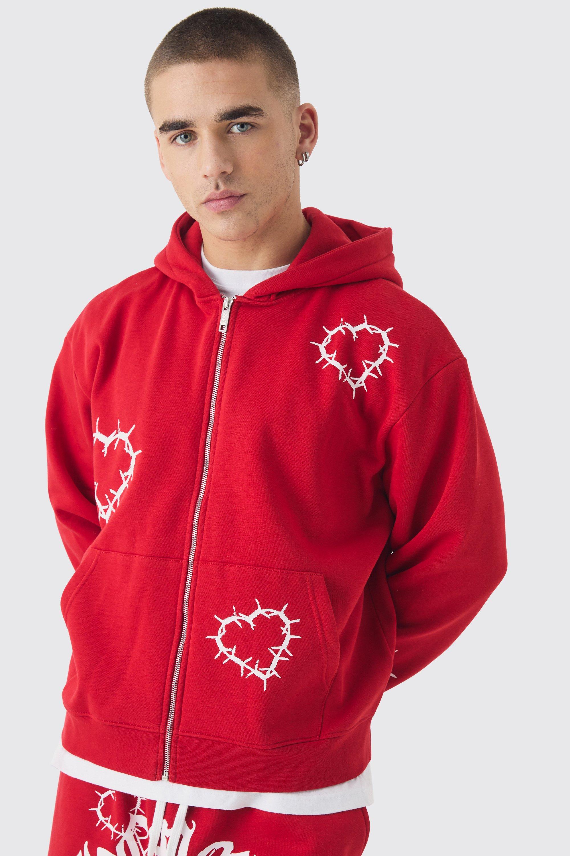 Mens Red Oversized Boxy Zip Through Heart Print Zip Through Hoodie, Red