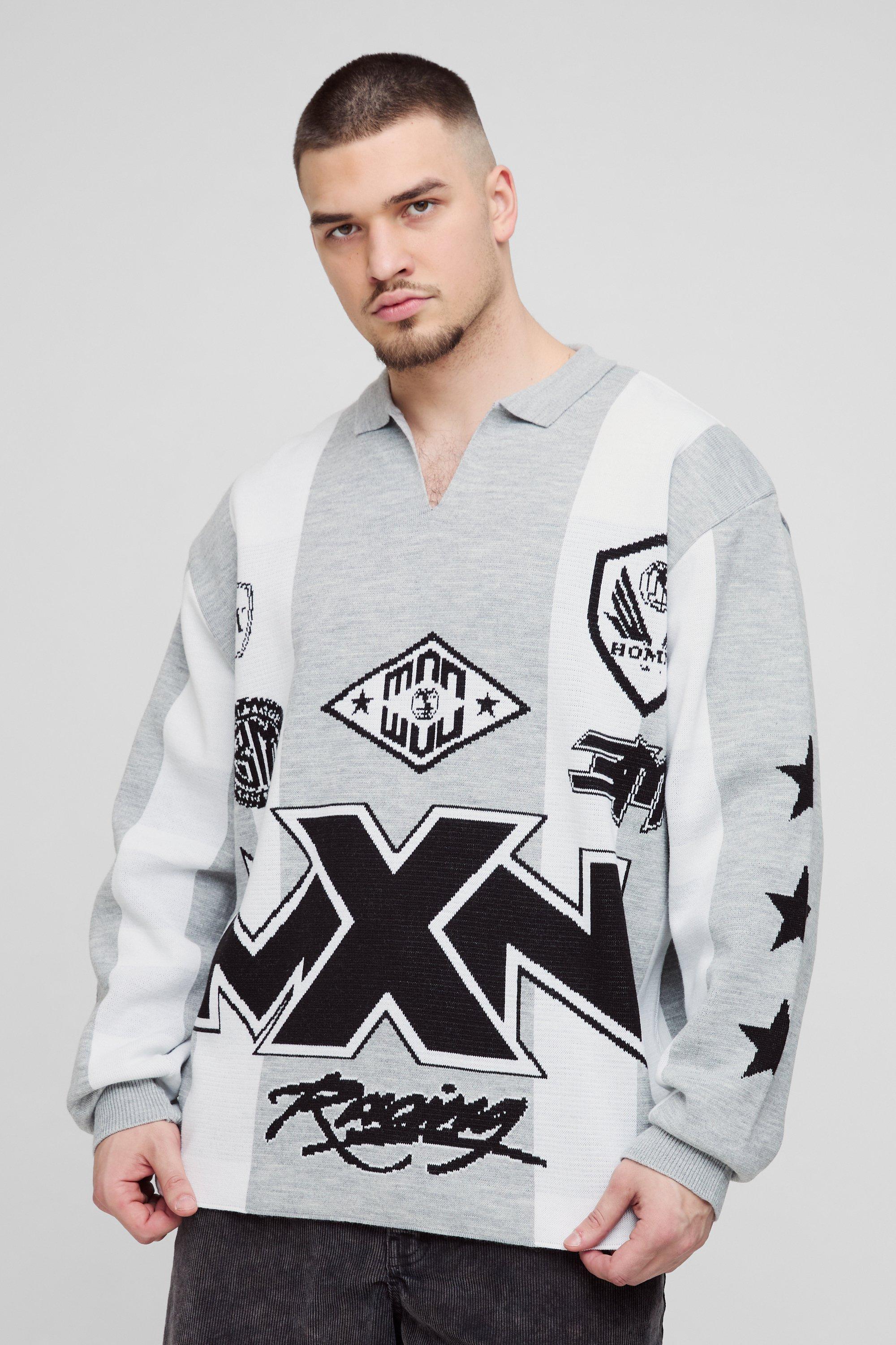 Mens Grey Tall Oversized Football Knitted Top, Grey