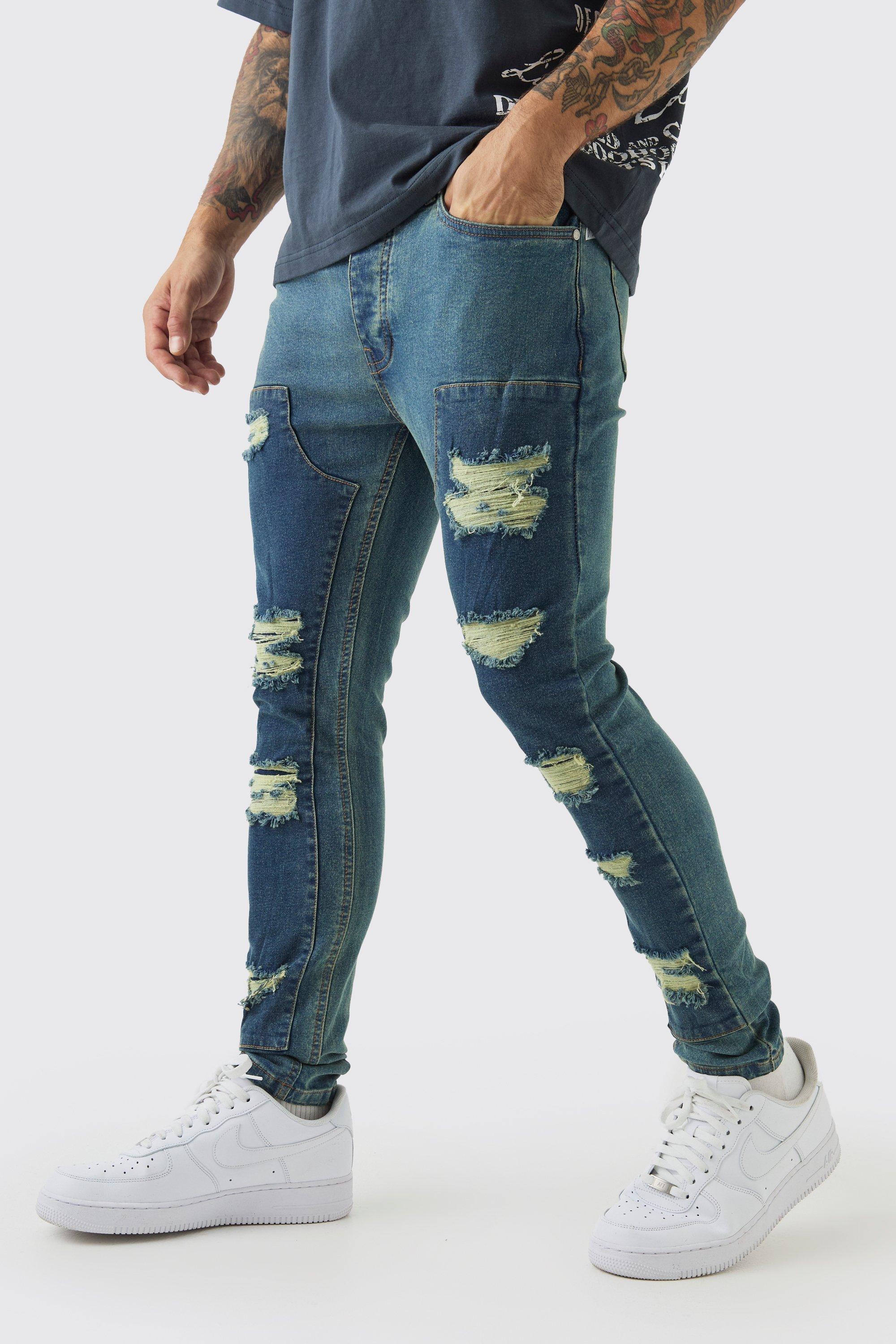 Jeans stile Biker Super Skinny Fit in denim Stretch con strappi & rattoppi, Verde