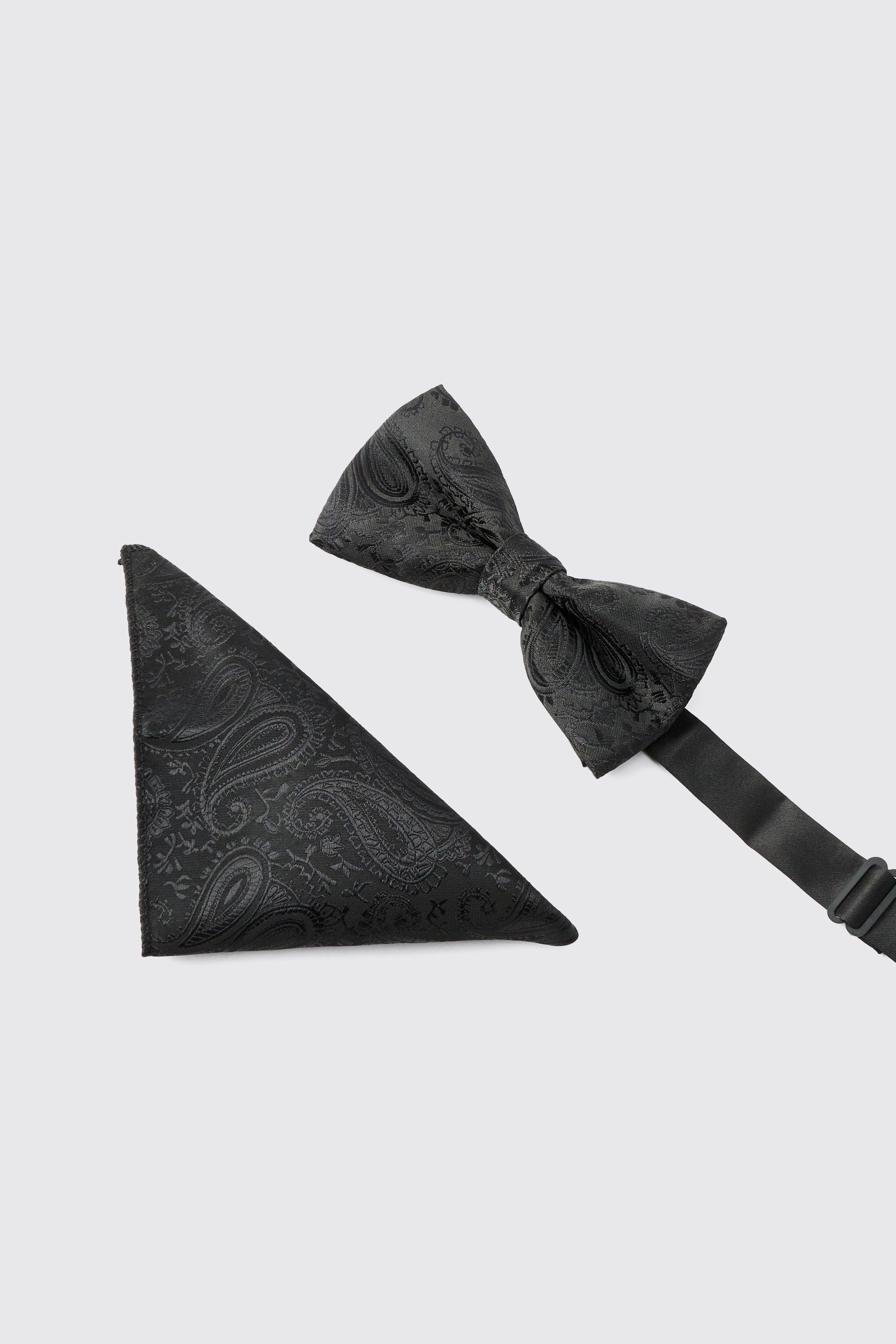 Mens Black Paisley Bow Tie and Pocket Square Set, Black