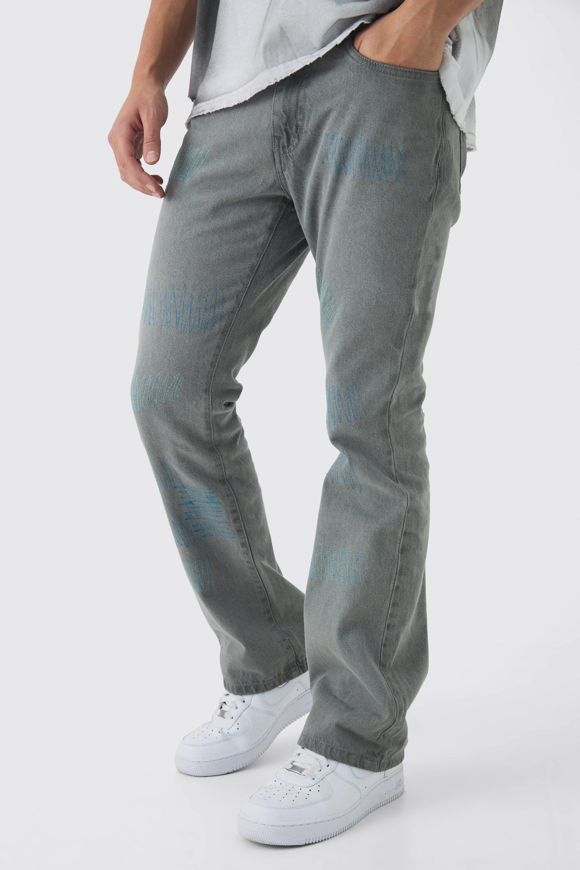 Jeans a zampa Slim Fit in denim rigido con cuciture a contrasto e strappi & rattoppi, Grigio