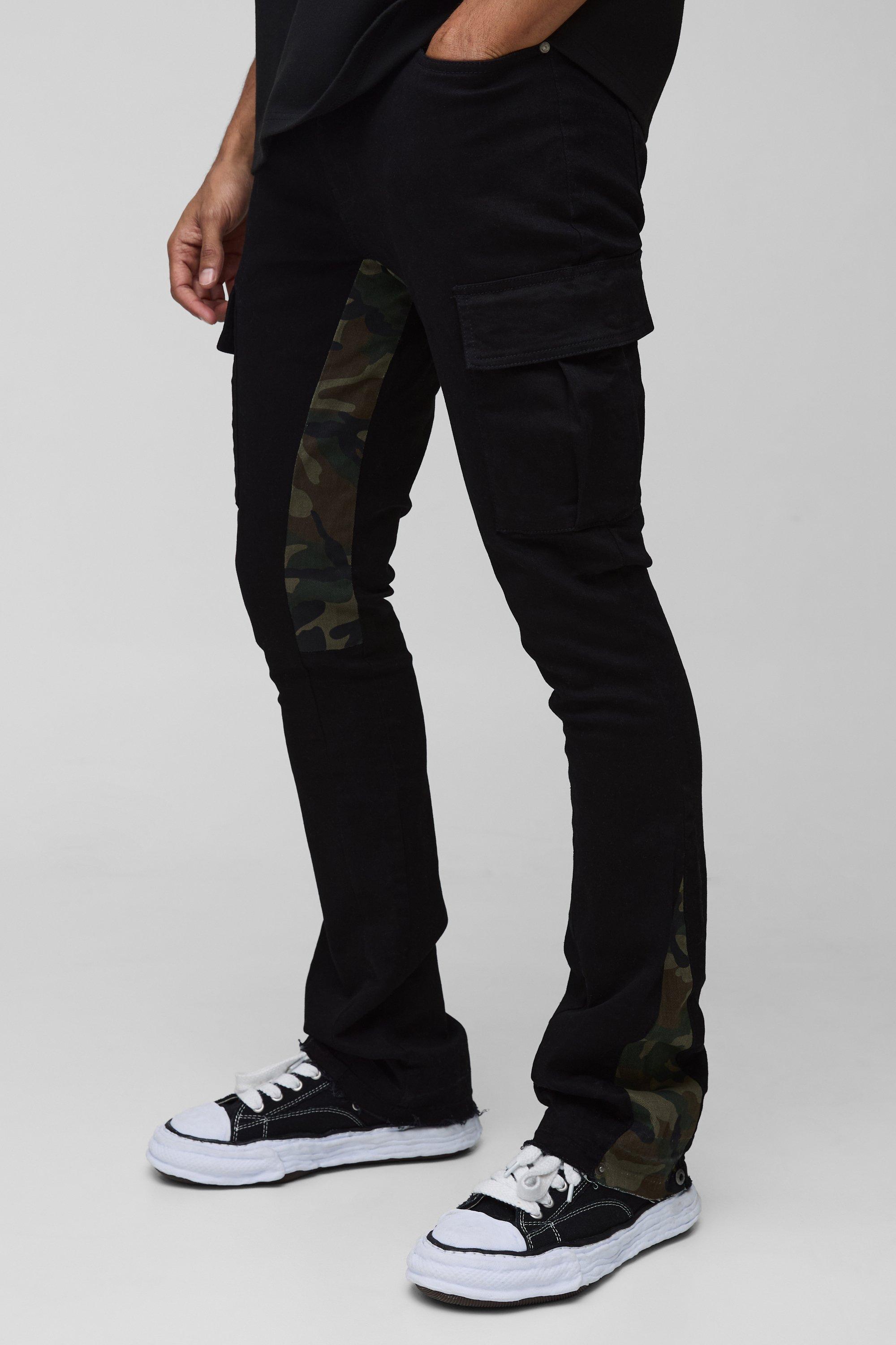 Mens Black Skinny Stacked Flare Camo Gusset Cargo Trouser, Black