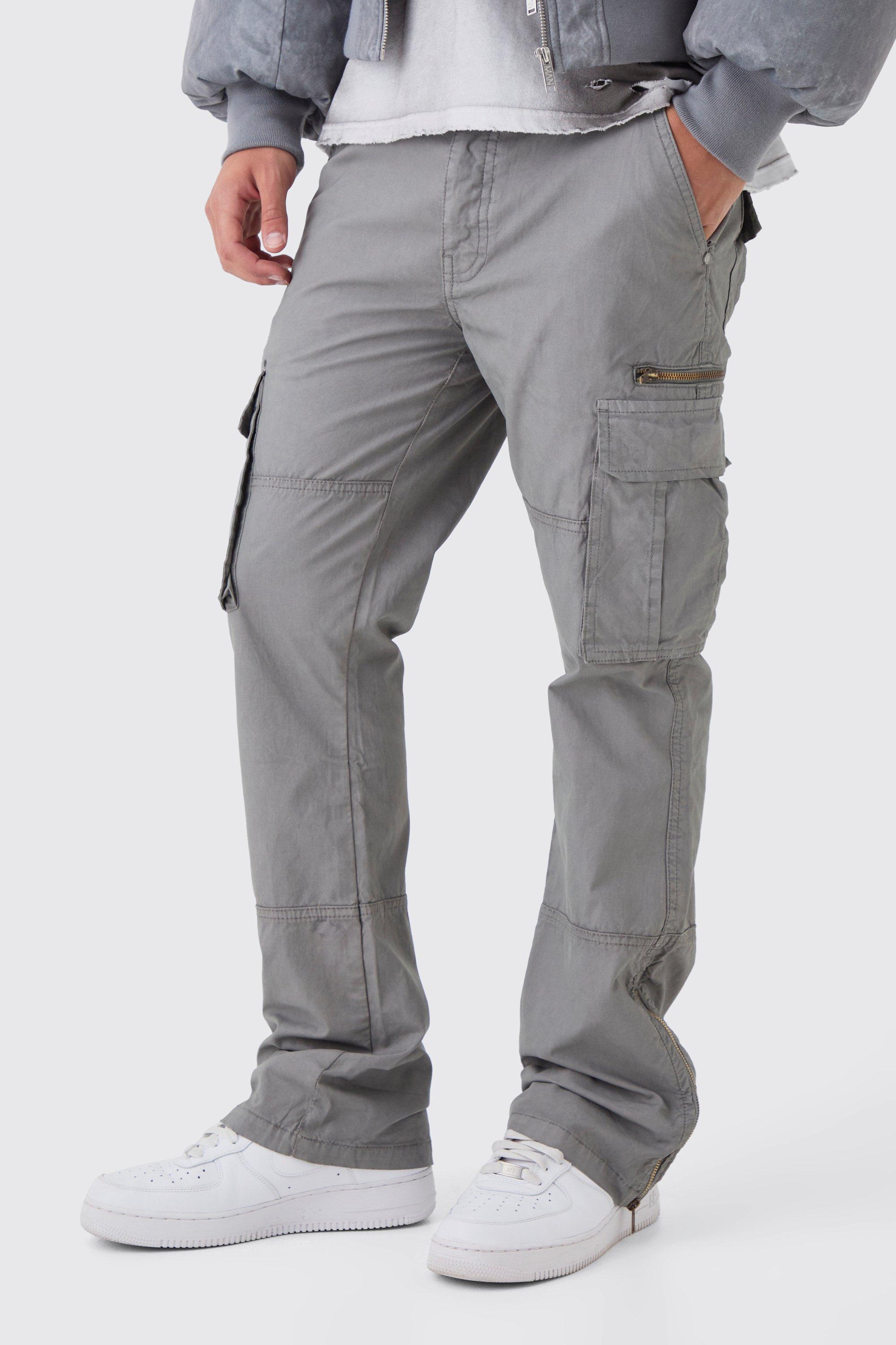 Mens Grey Slim Flare Zip Gusset Overdye Acid Wash Cargo Trousers, Grey
