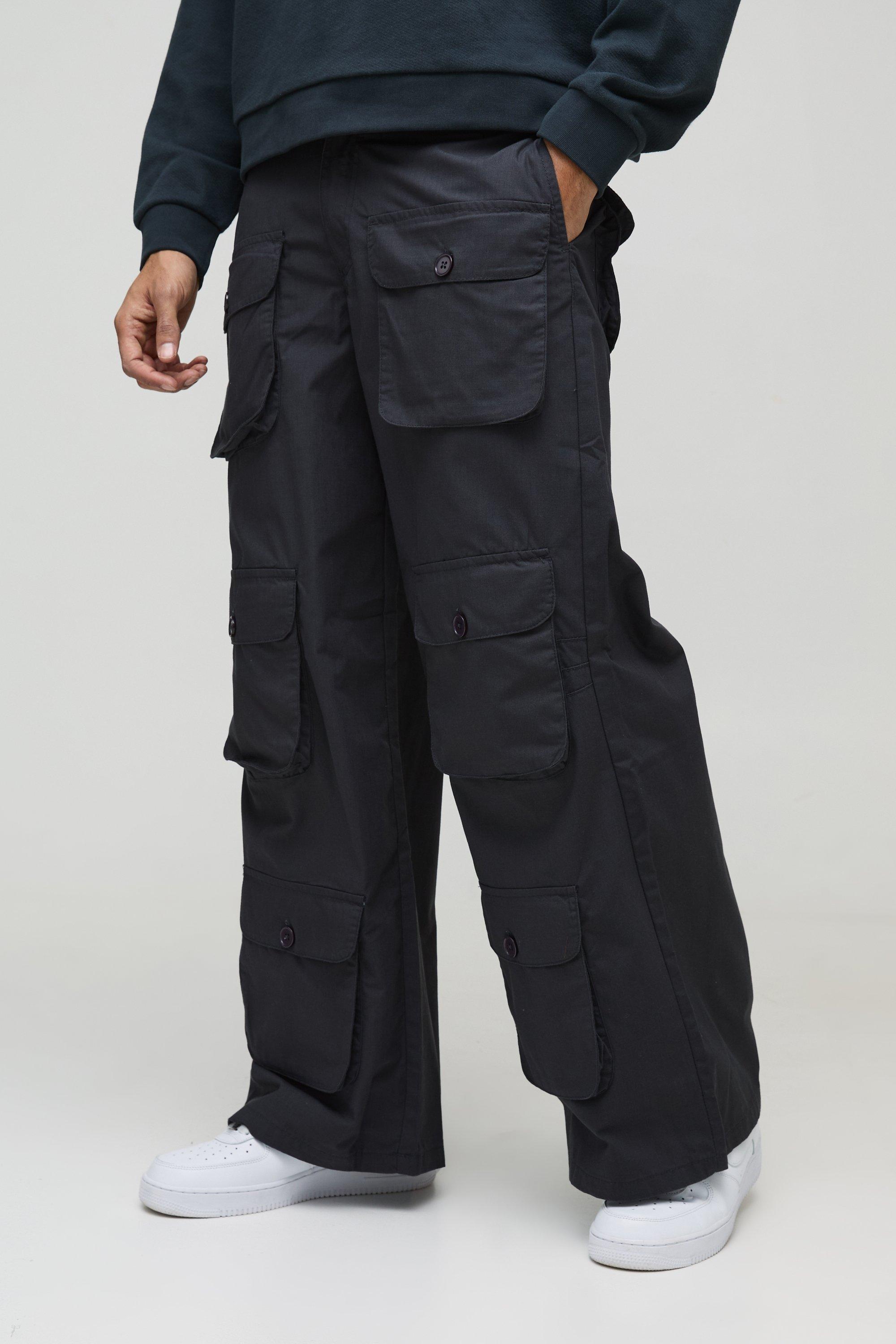 Mens Grey Super Baggy Ripstop Multi Pocket Cargo Trousers, Grey