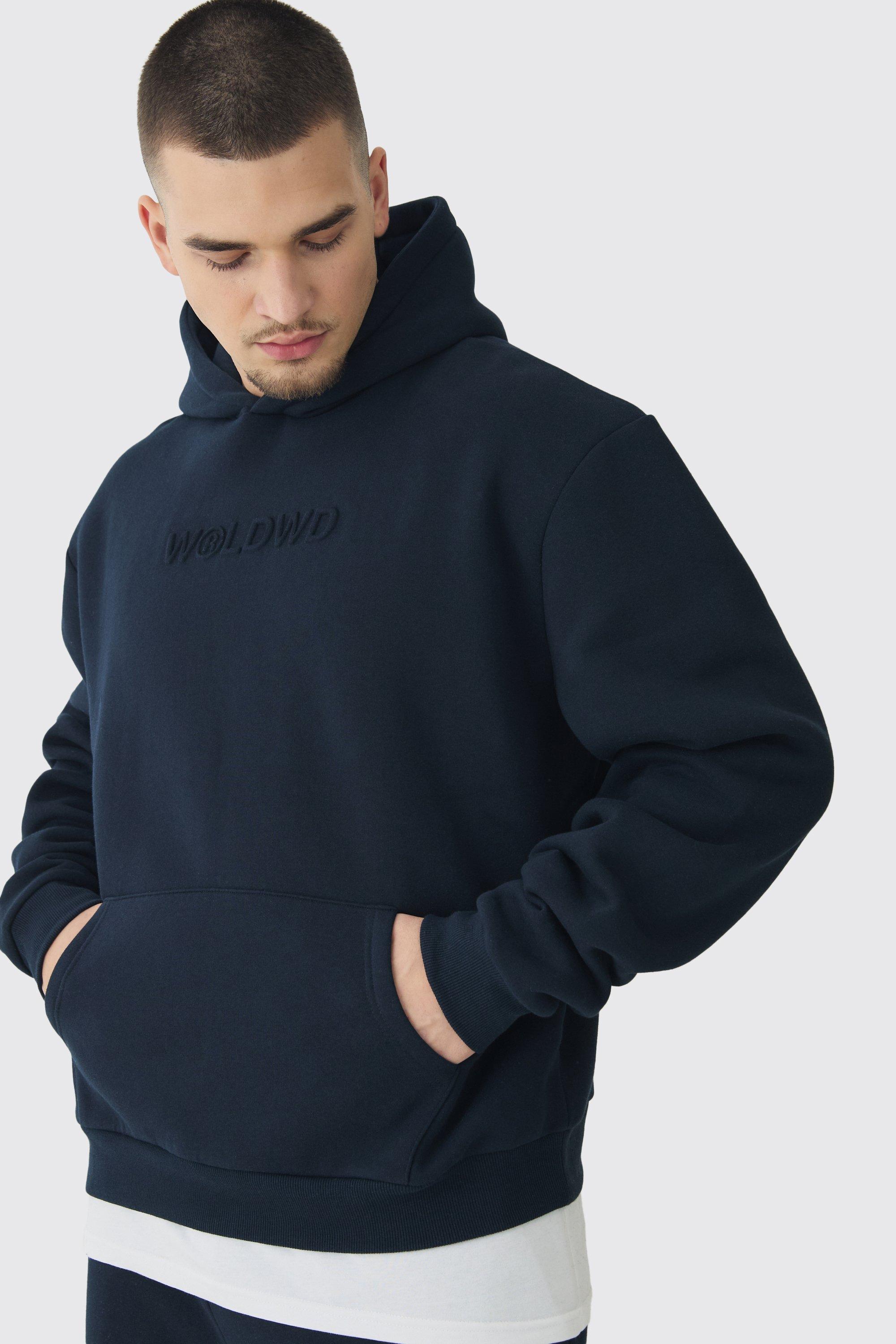 Mens Navy Tall Oversized Worldwide Embossed Hoodie, Navy