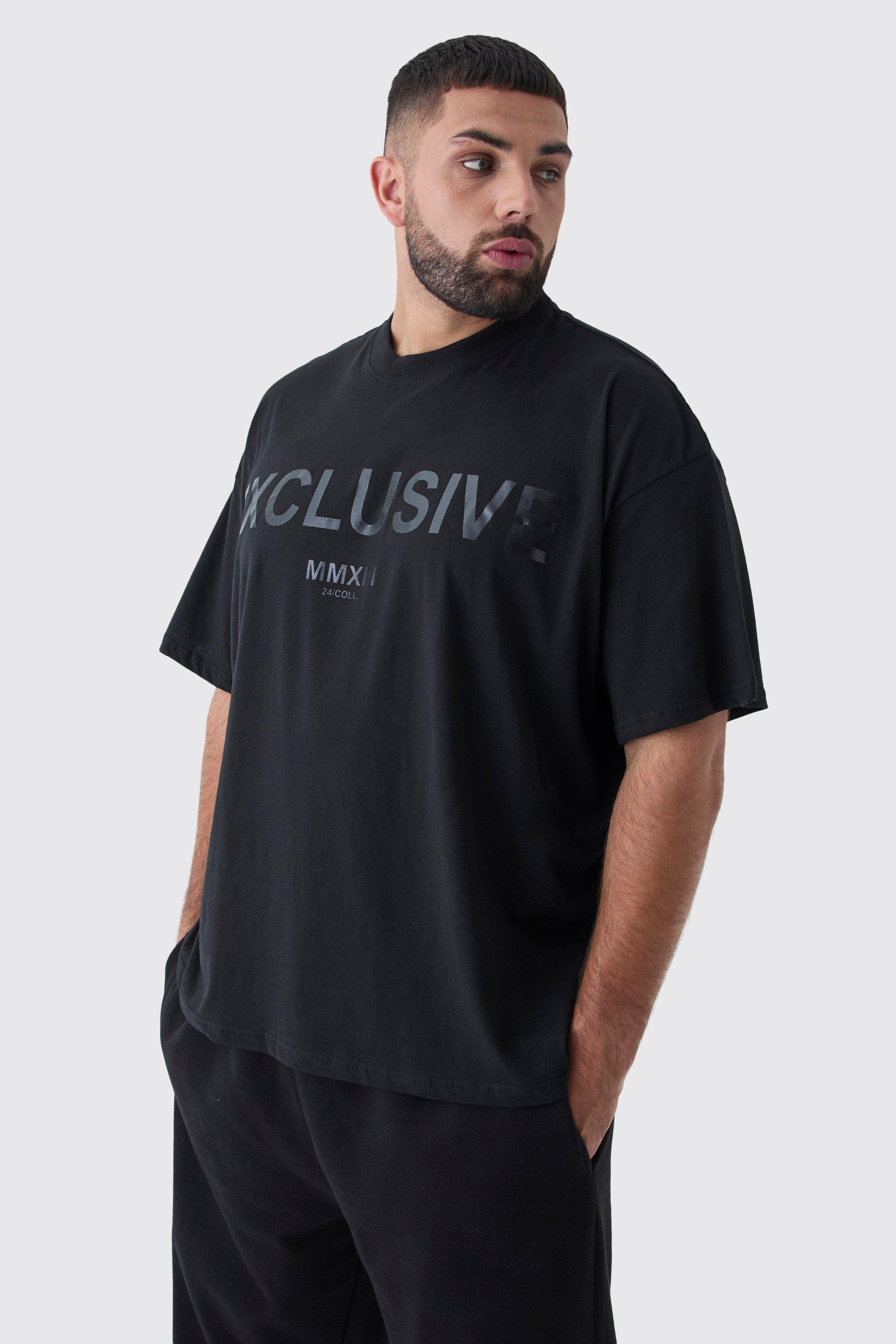 Image of T-shirt Plus Size oversize con stampa Exclusive e girocollo esteso, Nero