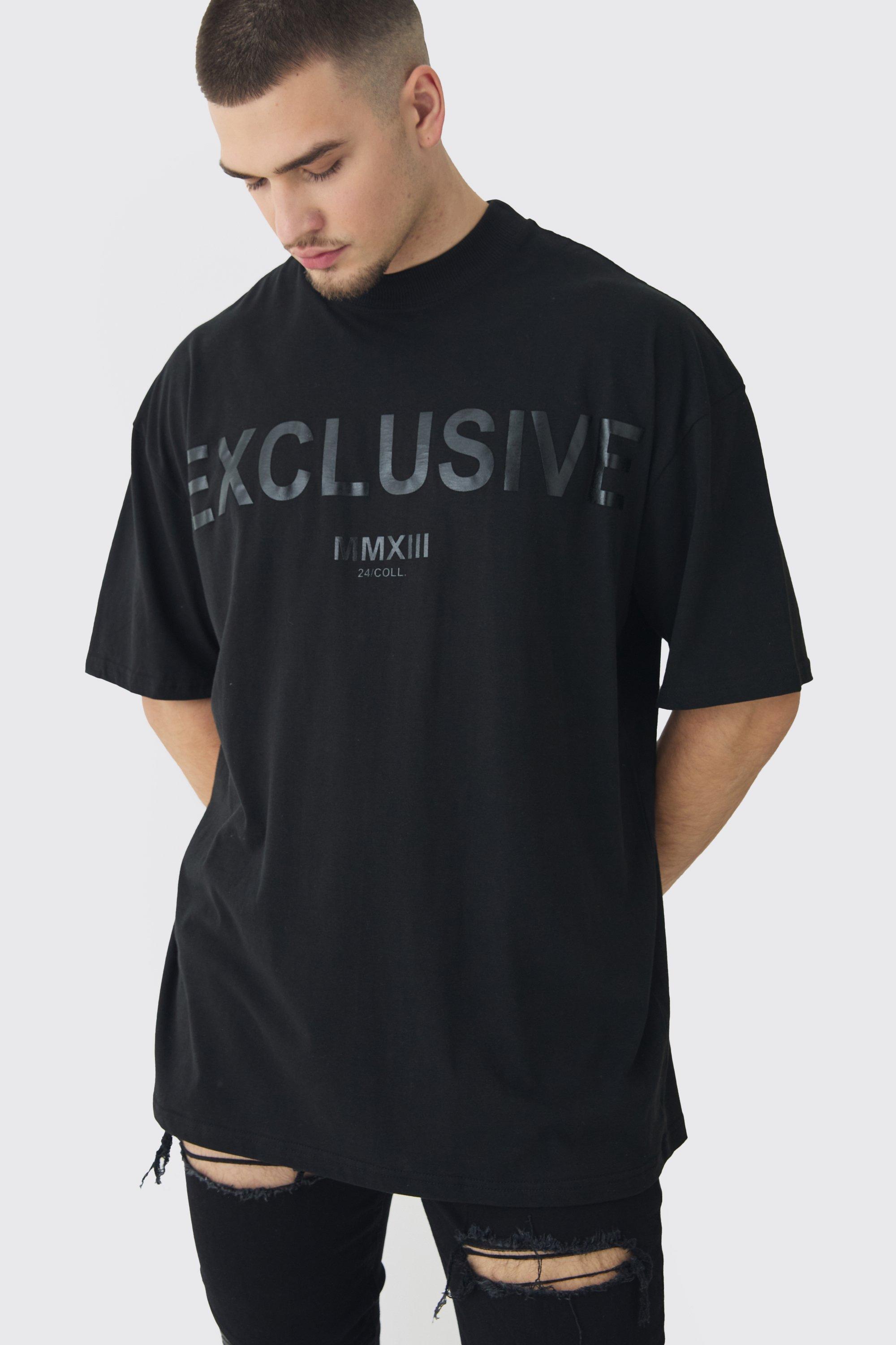T-shirt Tall oversize con stampa Exclusive e girocollo esteso, Nero