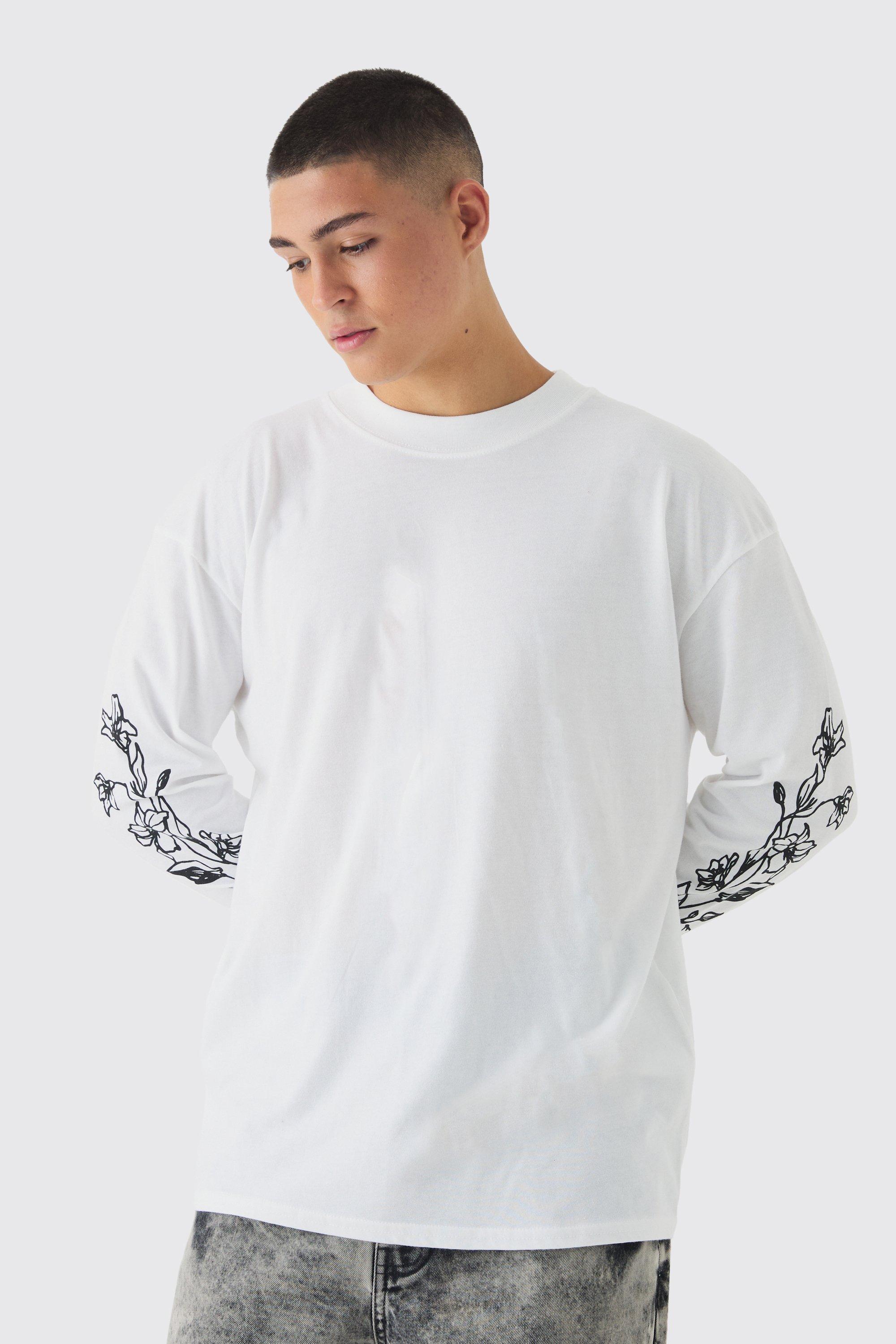 Mens White Oversized Washed Floral Printed Long Sleeve T-Shirt, White