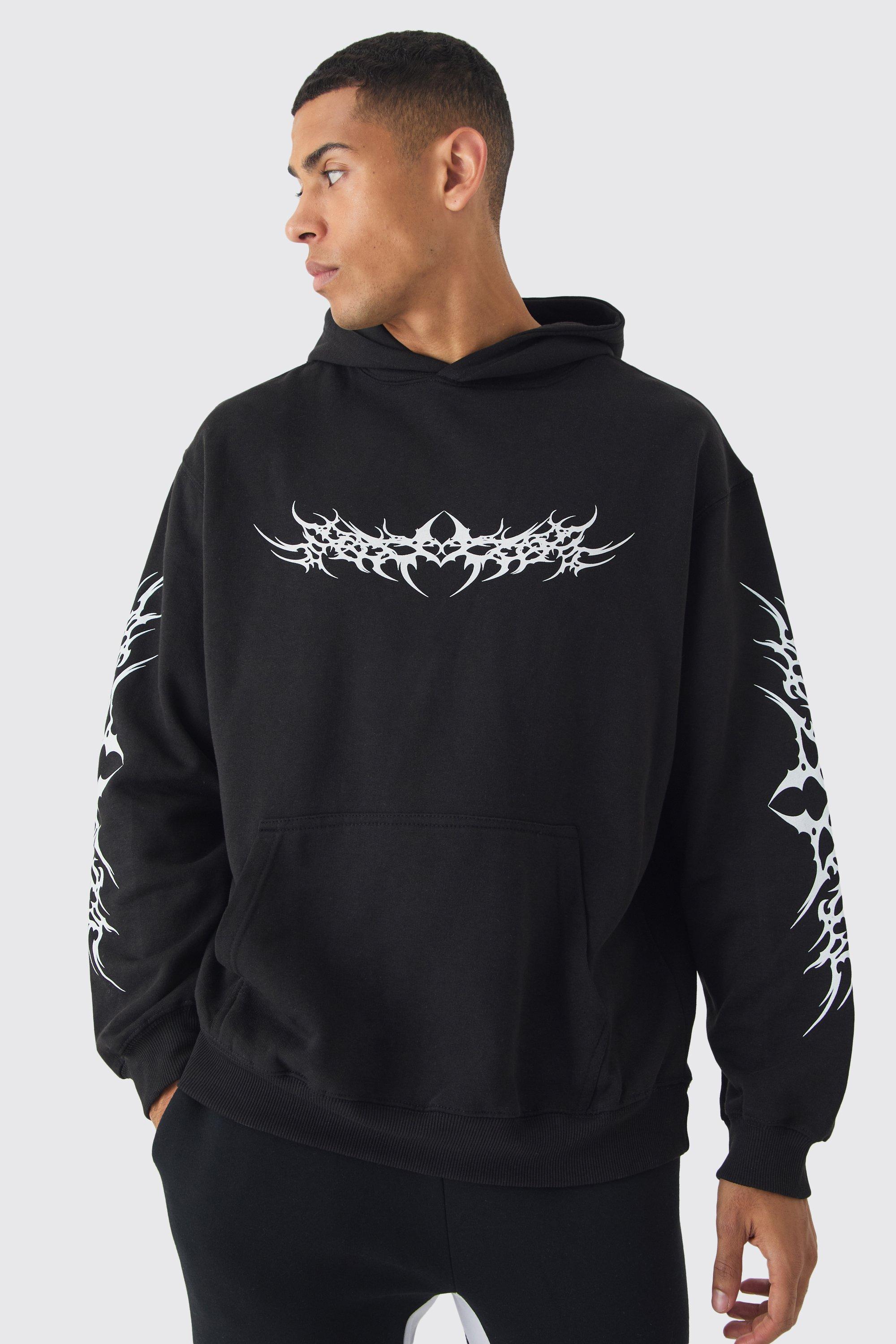 Mens Black Oversized Gothic Print Hoodie, Black