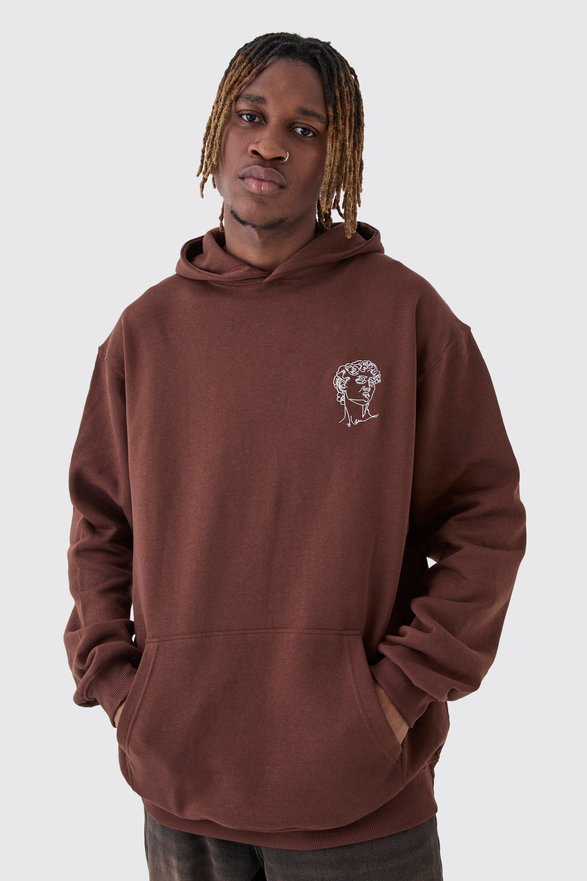 Mens Brown Tall Oversized Statue Embroidered Hoodie, Brown