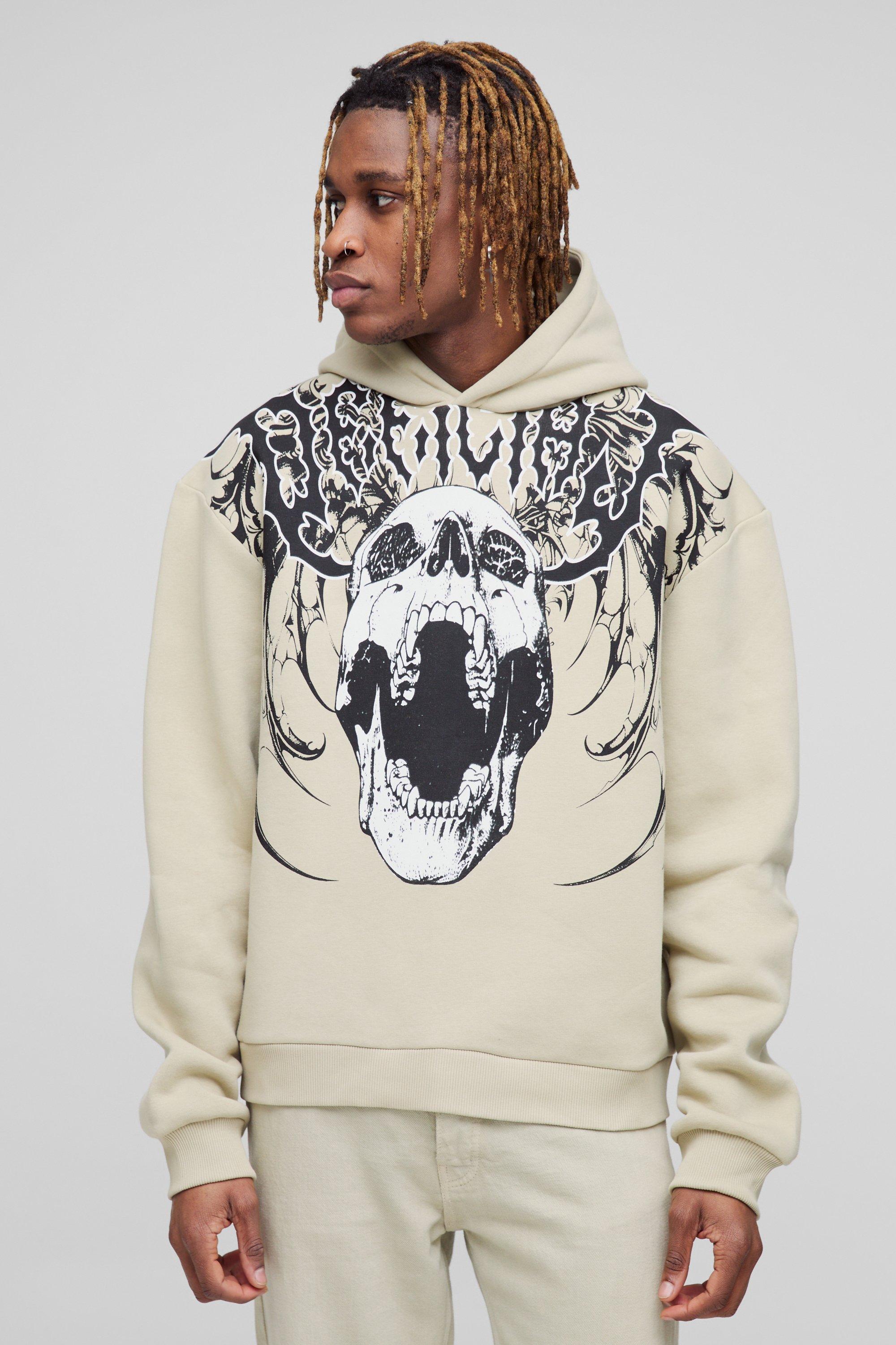Felpa Tall oversize Official con stampa gotica, girocollo esteso e cappuccio esteso, Beige