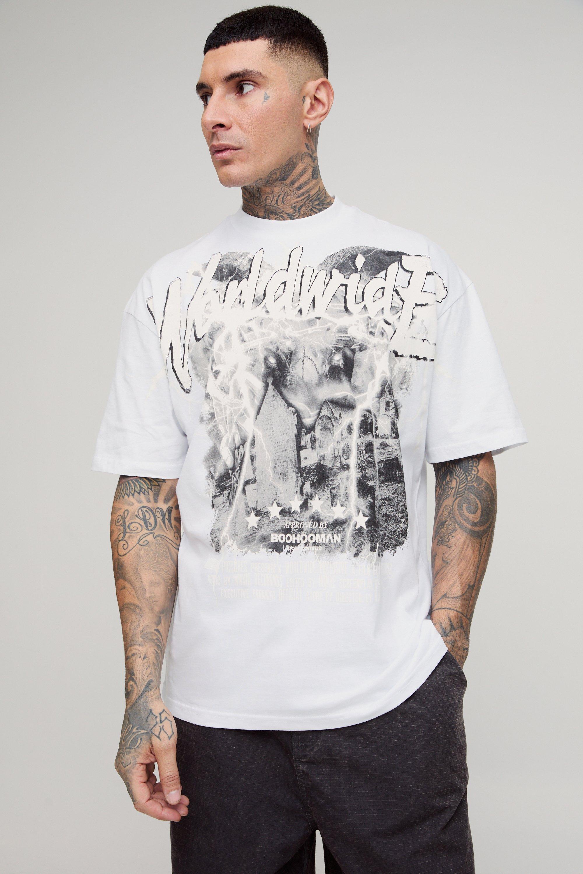 Mens White Tall Oversized Worldwide Large Scale Print T-Shirt, White