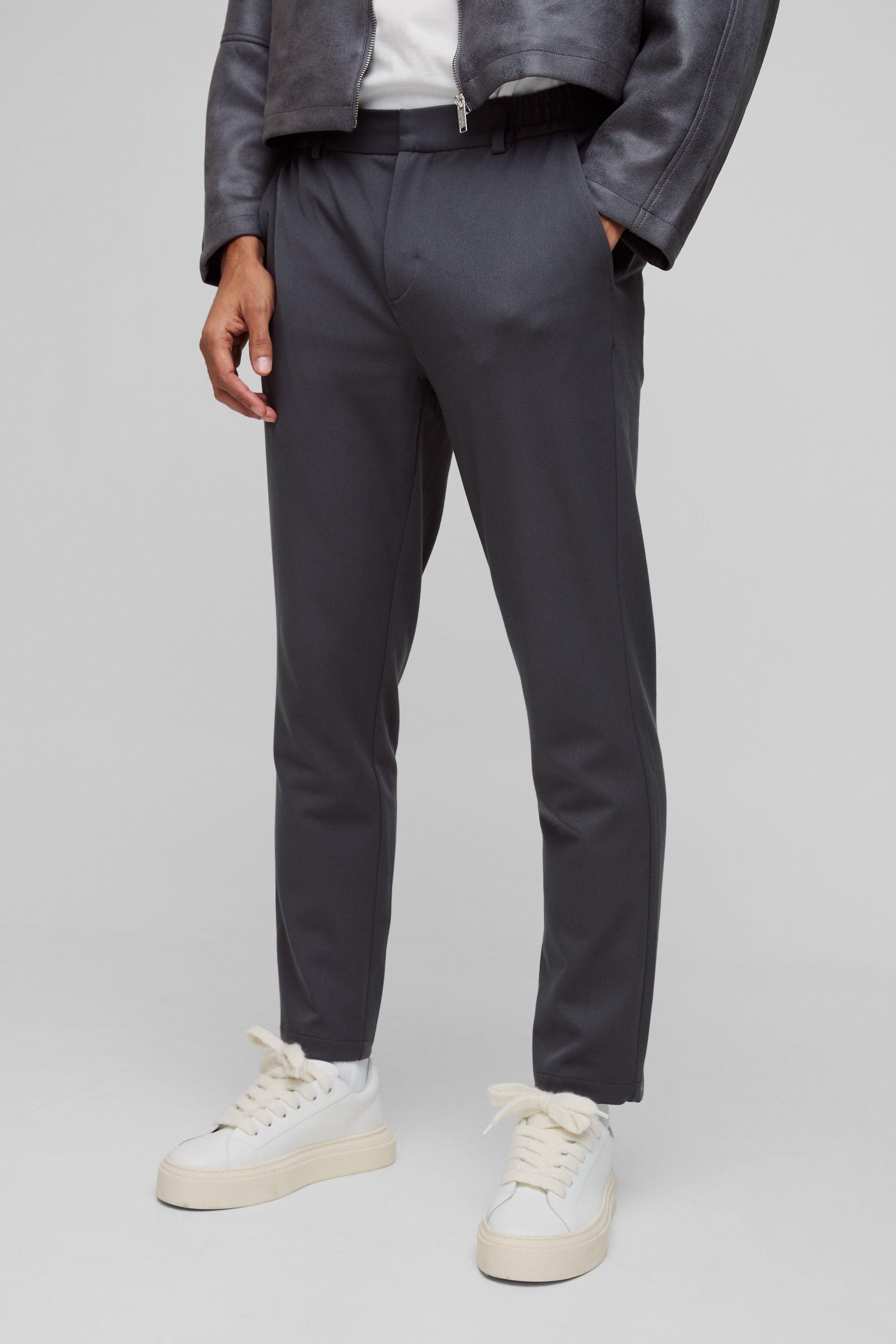 Mens Grey Half Elastic Waistband Stretch Tapered Tailored Trouser in Charcoal, Grey